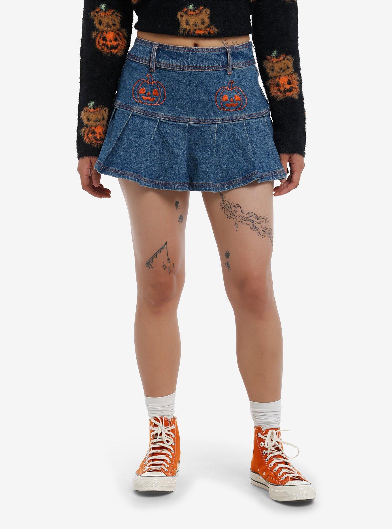 Sweet Society Jack-O'-Lantern Pleated Denim Skirt | Hot Topic