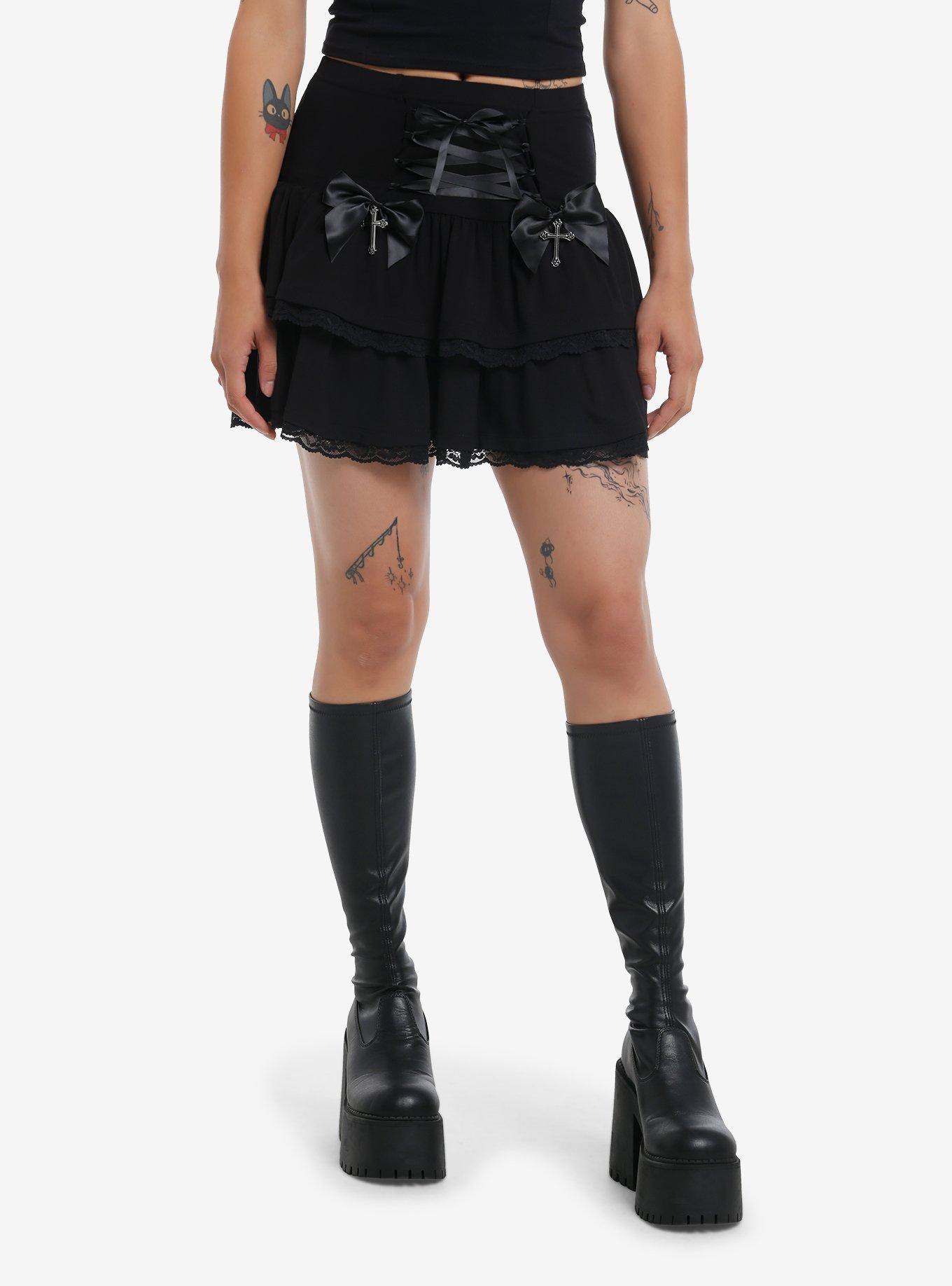 Cosmic Aura Black Lace-Up Ruffle Tiered Skirt