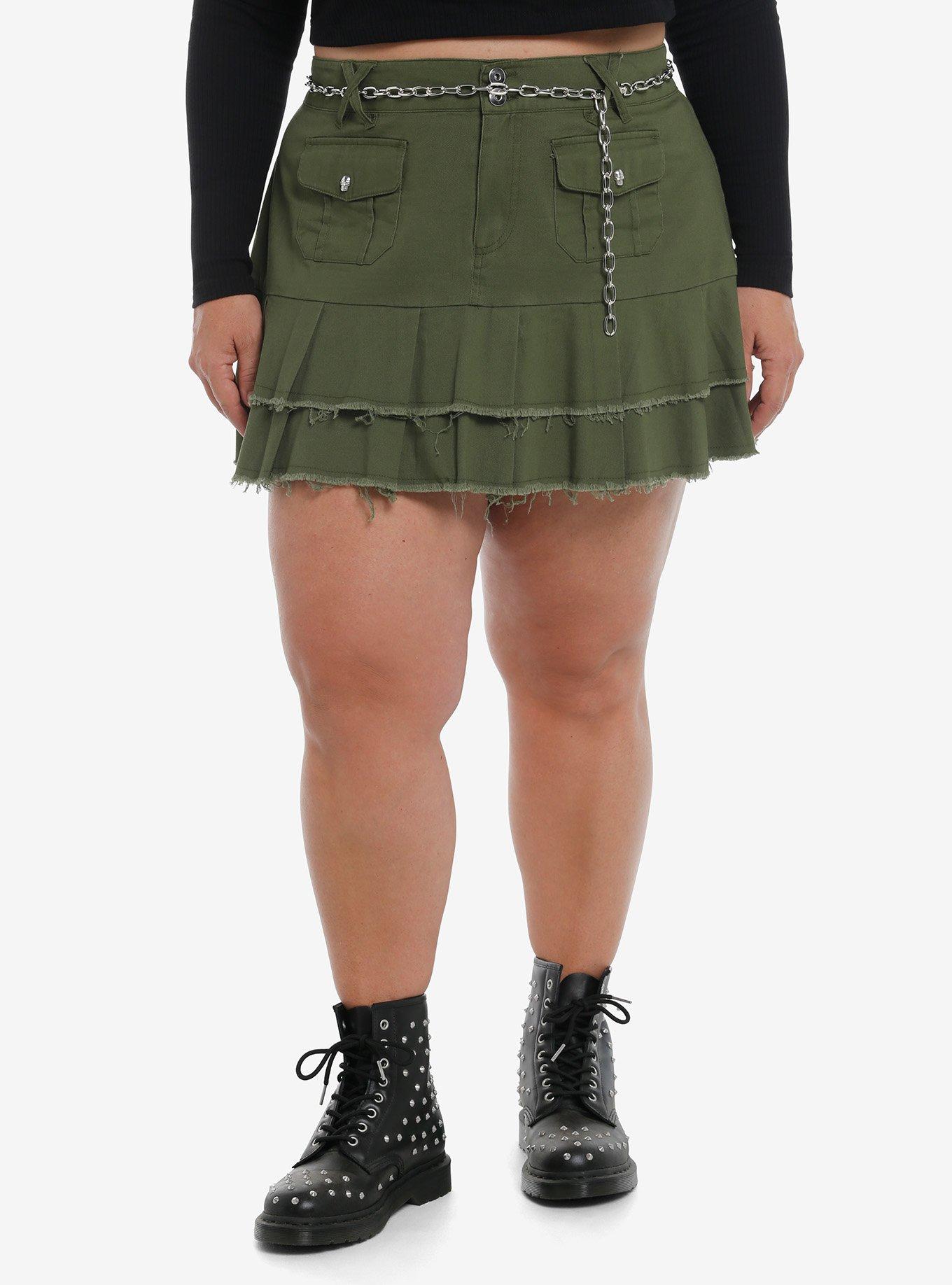 Social Collision Green Tiered Pleated Skirt With Belt Plus Size, , hi-res