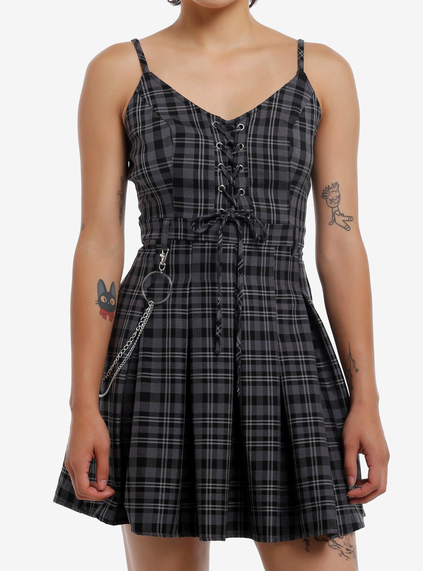 Social Collision Grey & Black Plaid Lace-Up Cami Dress, , hi-res