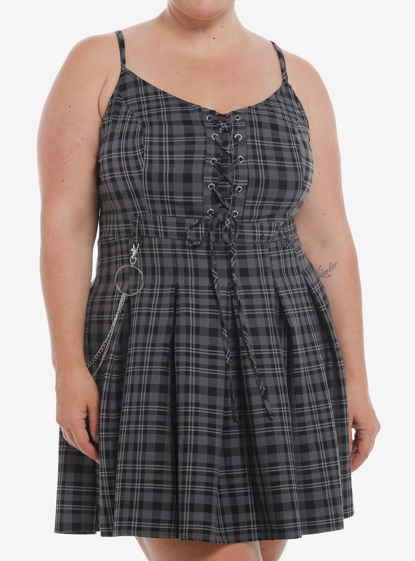 Social Collision Grey & Black Plaid Lace-Up Cami Dress Plus Size, , hi-res