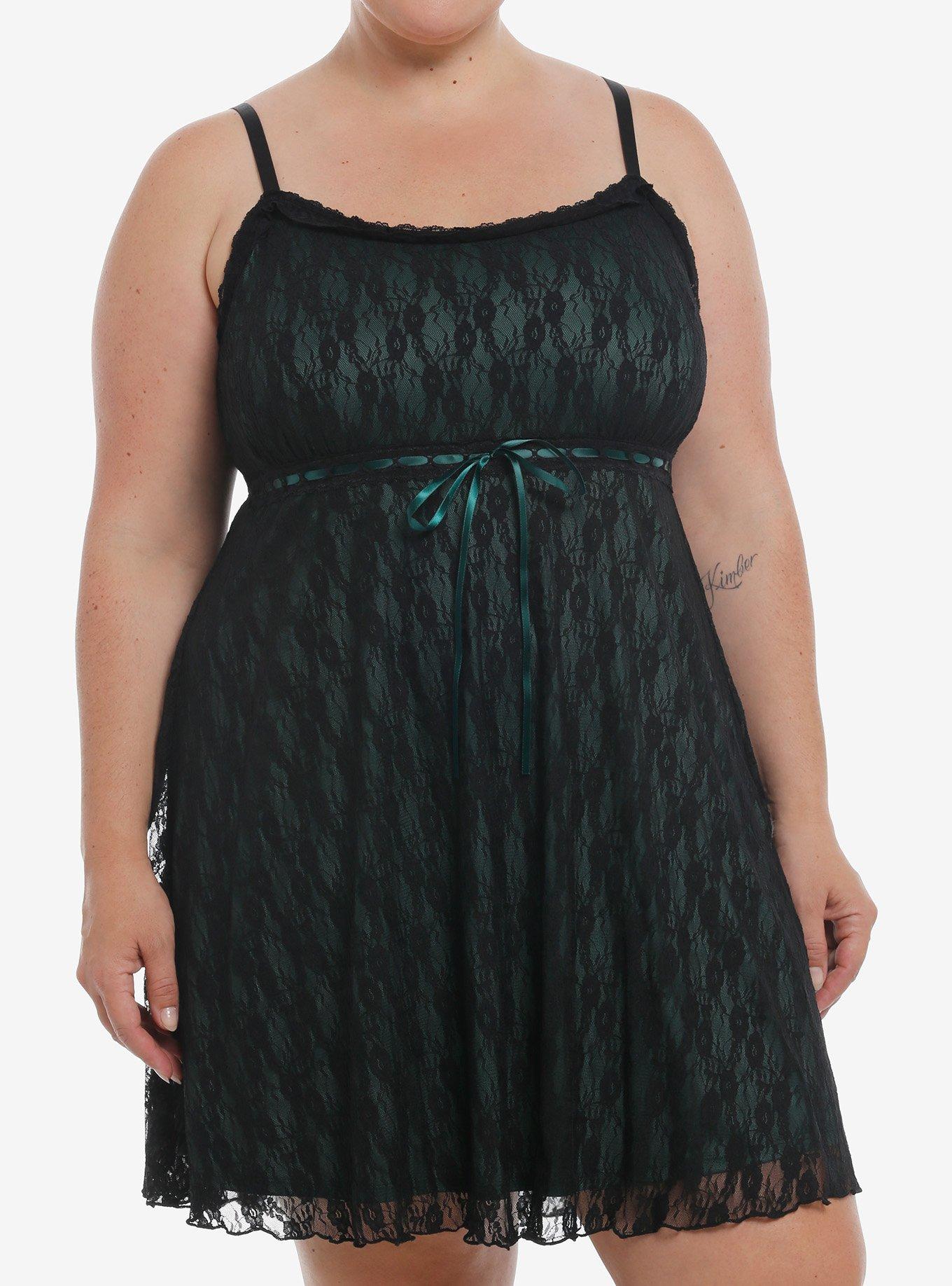 Social Collision Black & Green Lace Slip Dress Plus