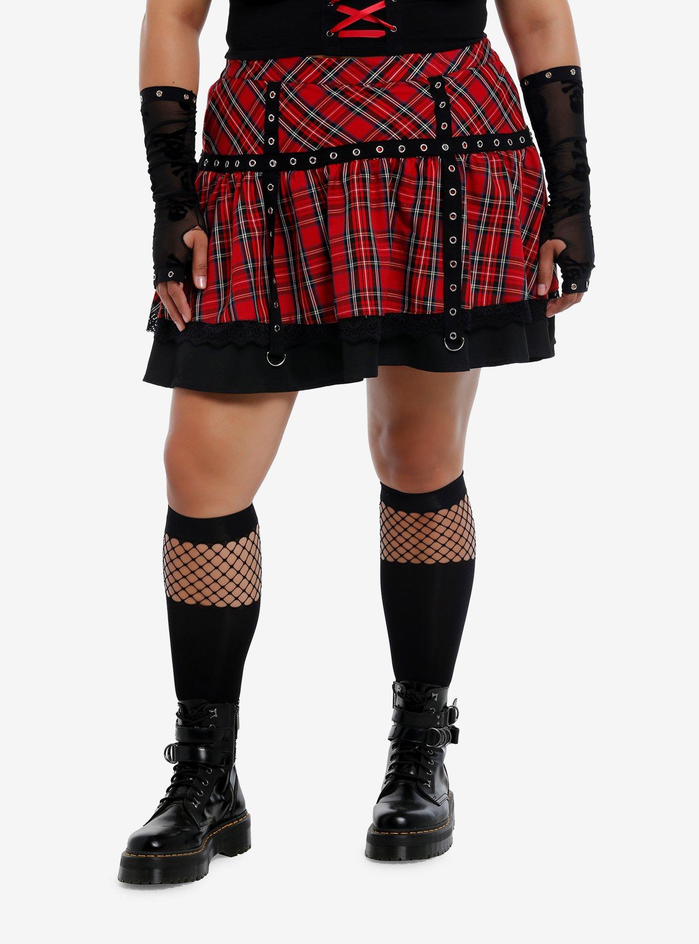 Social Collision Red Plaid Black Grommet Tiered Skirt Plus Size, , hi-res