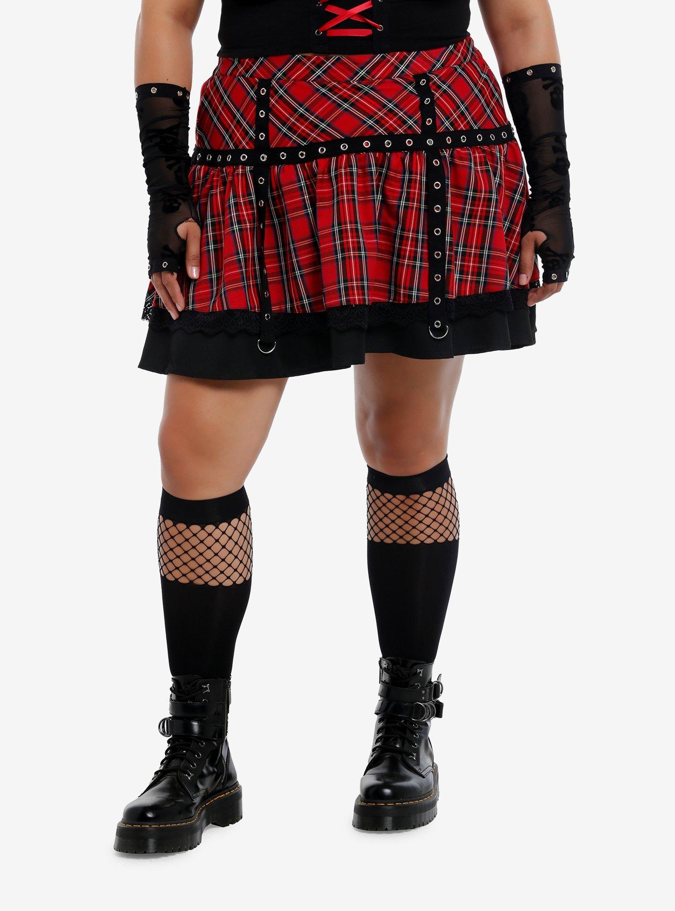 Social Collision Red Plaid Black Grommet Tiered Skirt Plus Size, , hi-res