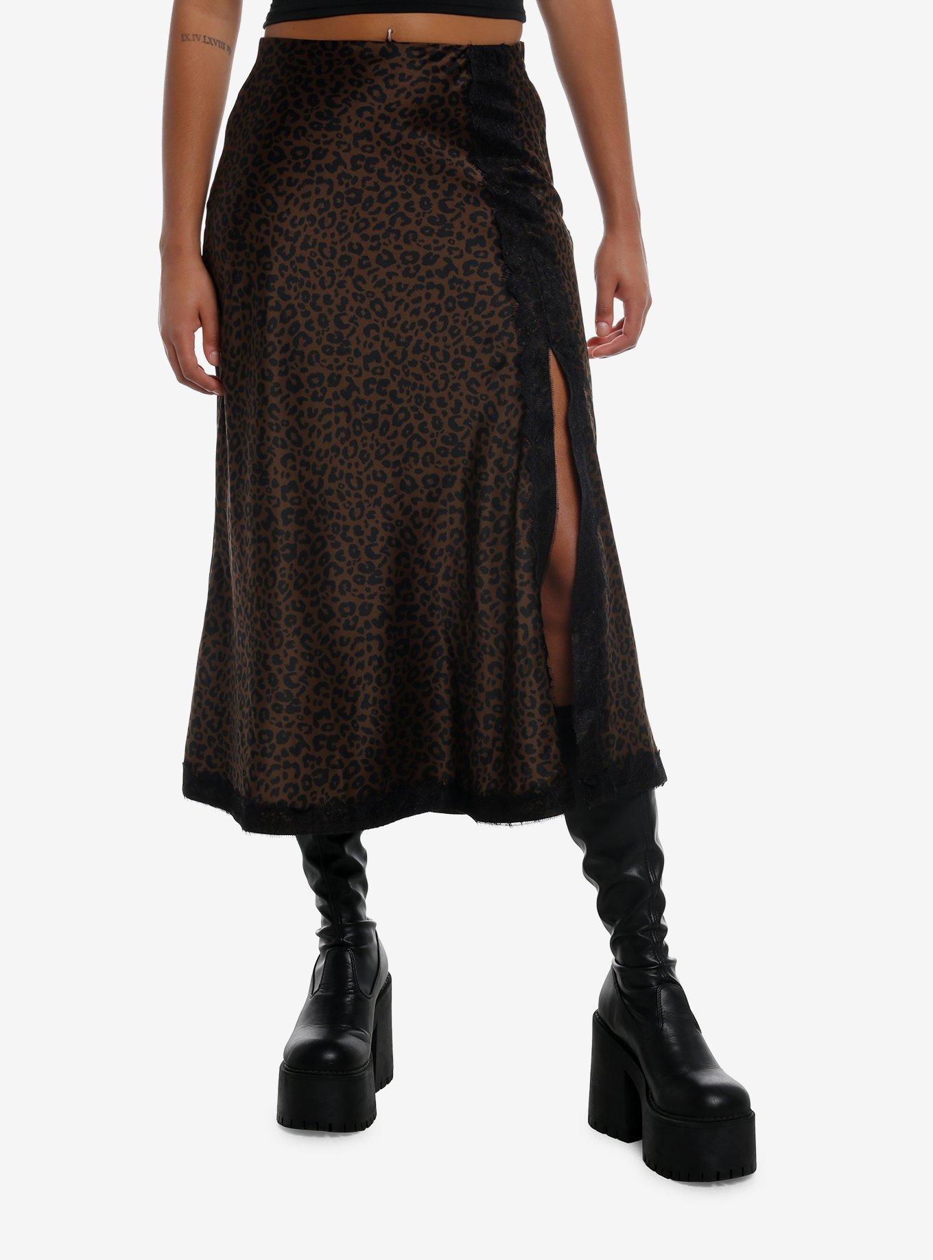 Social Collision Leopard Black Lace Silk Midi Skirt, , hi-res