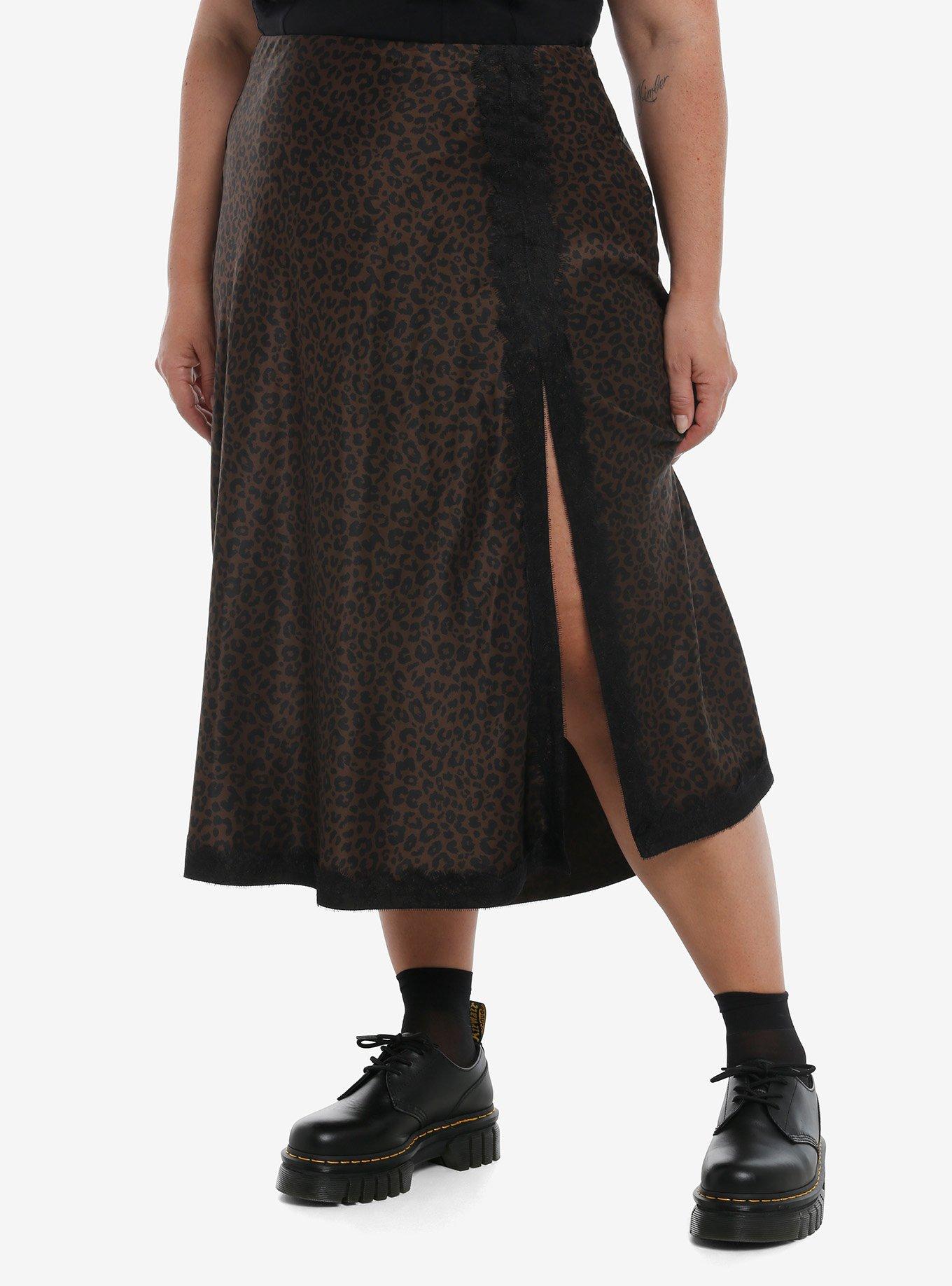 Social Collision Leopard Black Lace Silk Skirt Plus Size, , hi-res