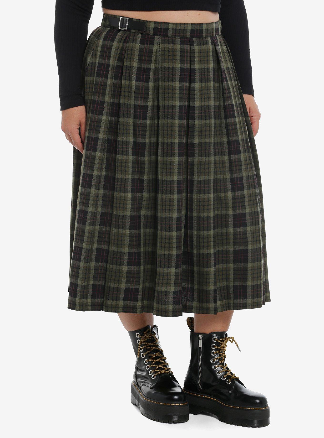 Thorn & Fable Green Plaid Midi Skirt Plus Size, , hi-res