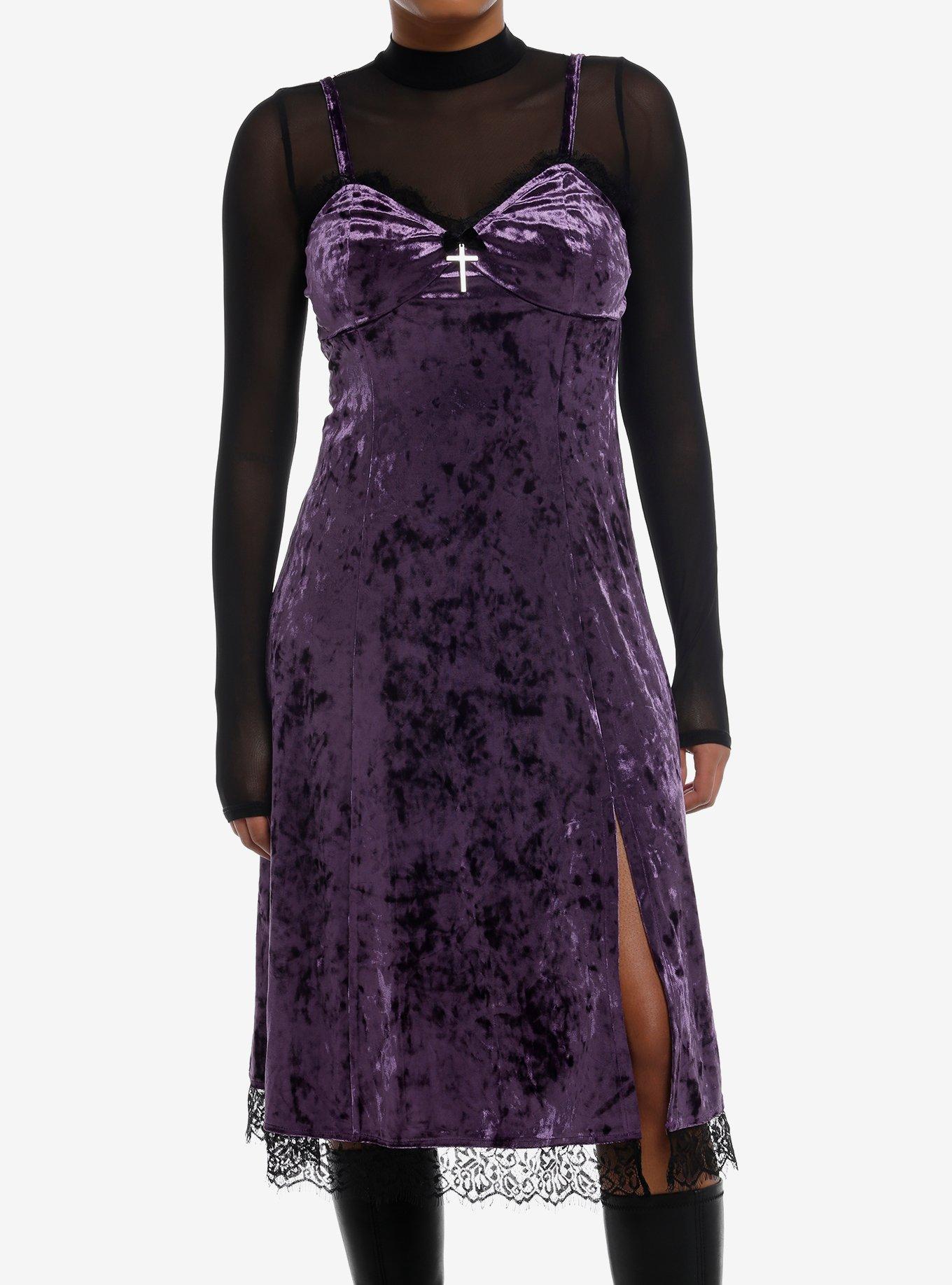 Cosmic Aura Purple Velvet Mesh Long-Sleeve Twofer Dress, , hi-res