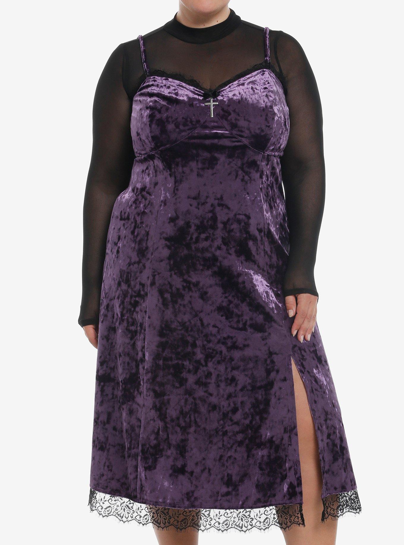 Cosmic Aura Purple Velvet Mesh Long-Sleeve Twofer Dress Plus Size, , hi-res
