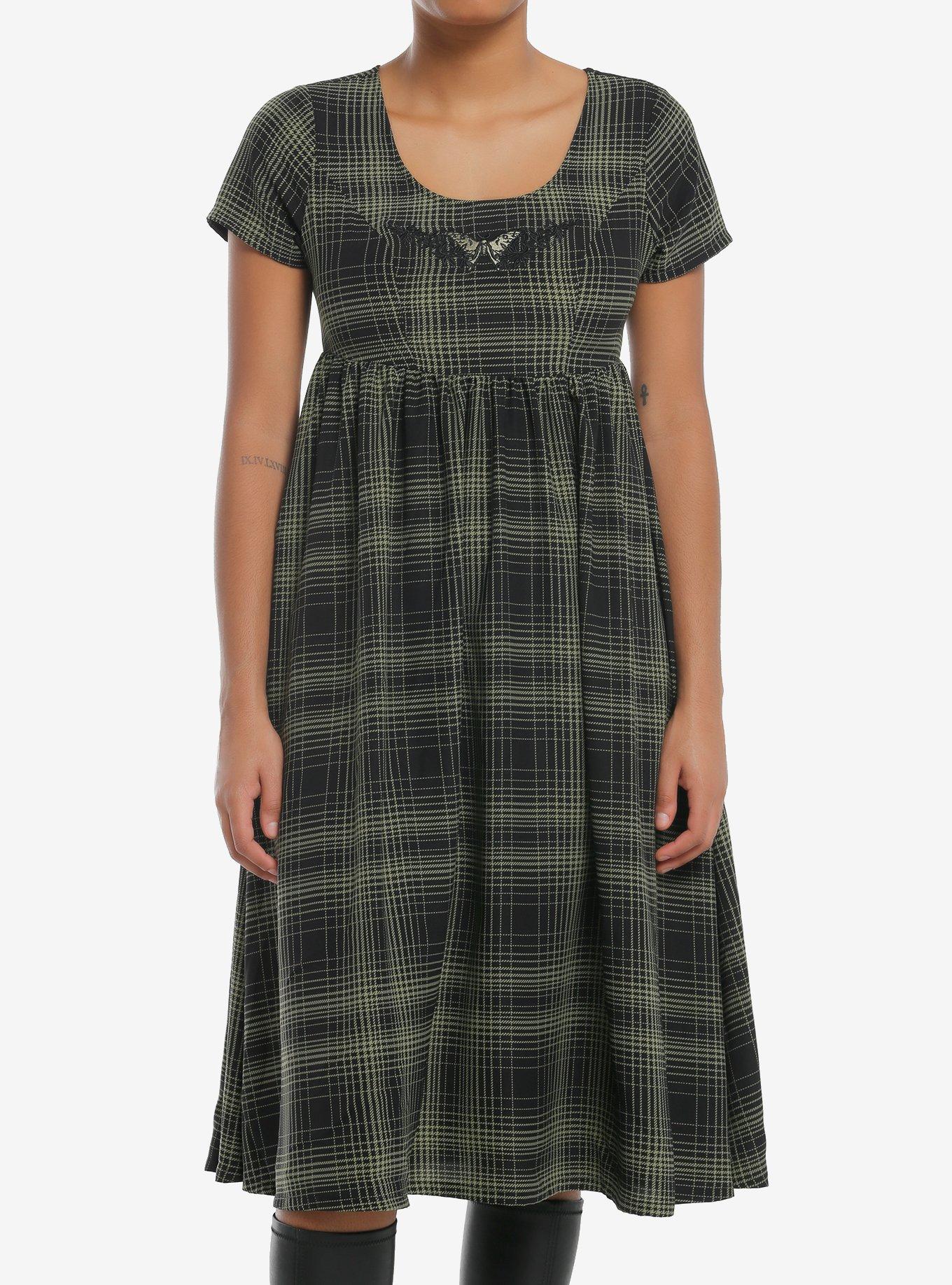 Social Collision Green Plaid Moth Midi Babydoll Dress, , hi-res