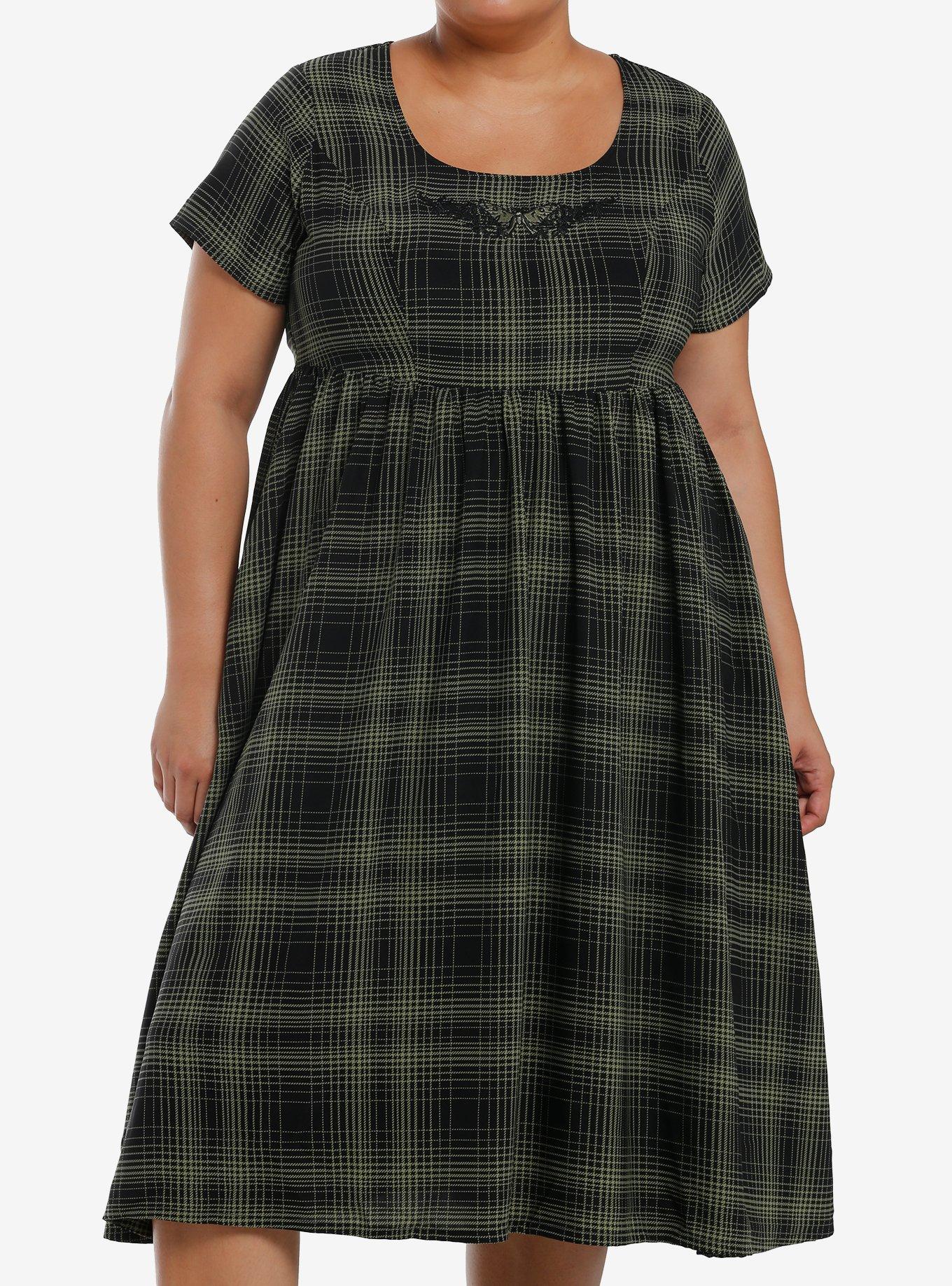 green emerald velvet dress Plus Size Green and Navy Plaid Long Sleeve Split Neck Mini Dress Green / 3X / 55%Cotton+45%Viscose main image 0