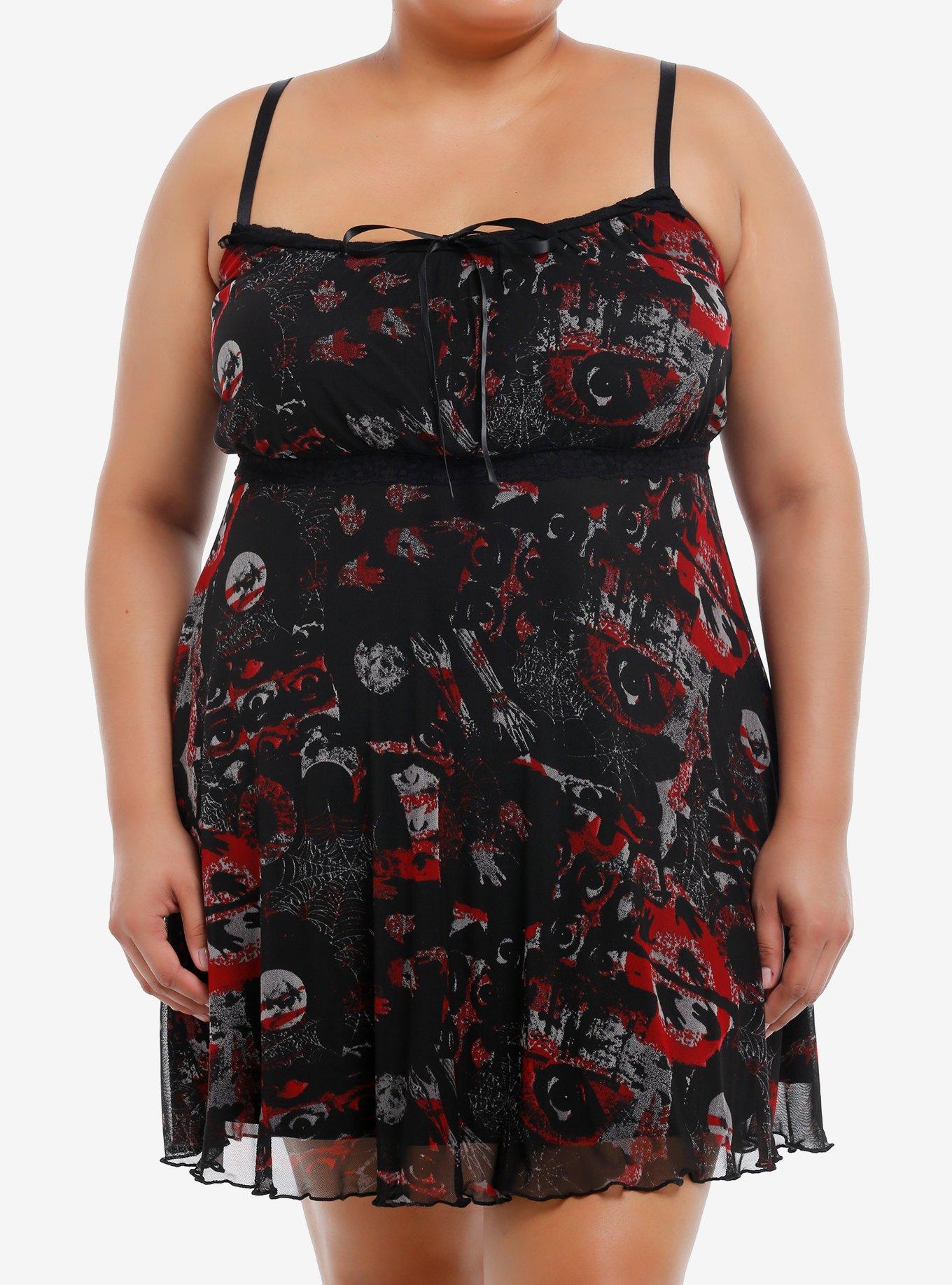 Social Collision Red & Black Icons Mesh Cami Dress Plus Size, , hi-res