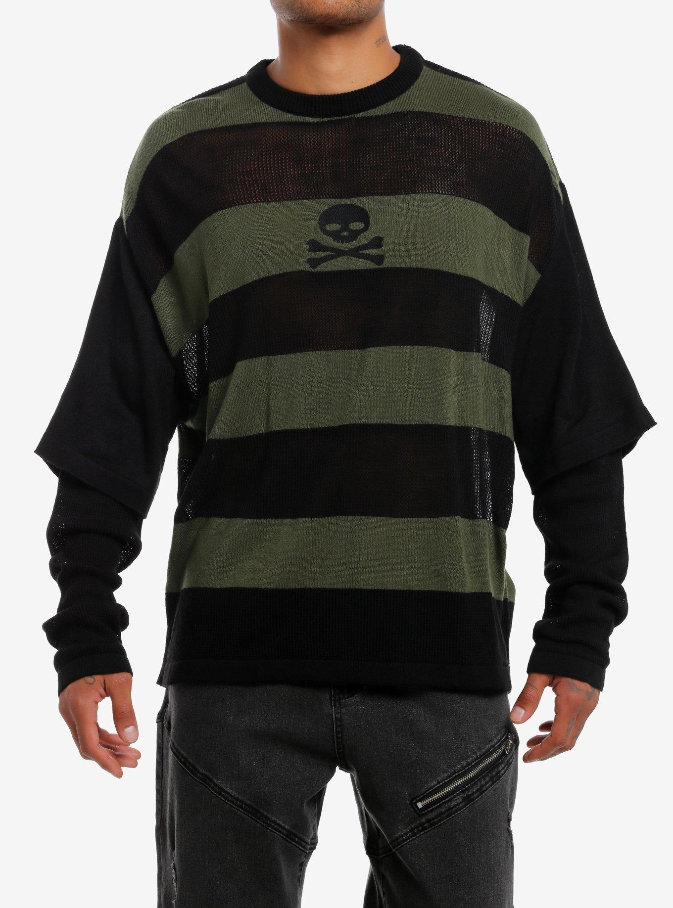 Skull & Crossbones Black Green Stripe Twofer Sweater