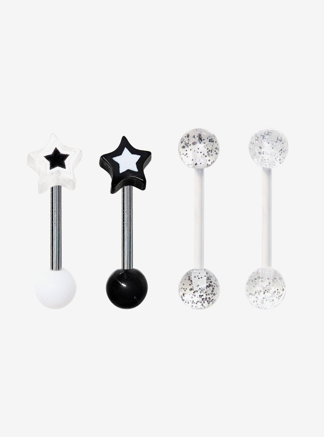 Black White & Clear Steel & Acrylic Star Tongue Barbell 4 Pack, , hi-res