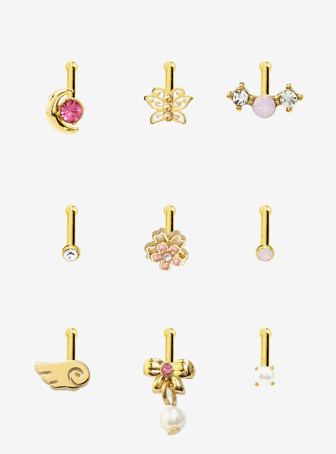 Steel Butterfly Moon Flower Nose Stud 9 Pack, , hi-res