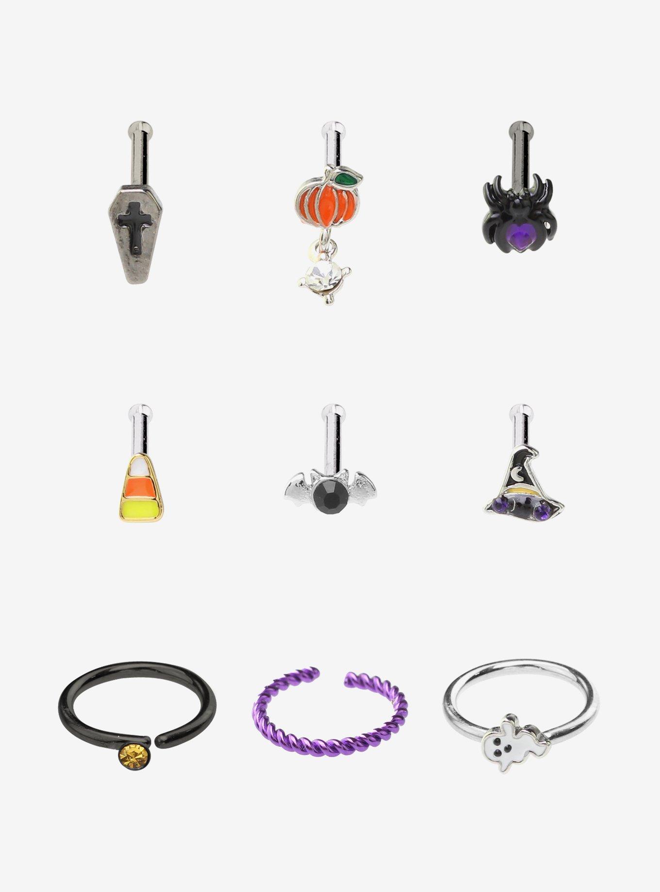 Steel Halloween Icons Nose Stud & Hoop 9 Pack, MULTI, hi-res