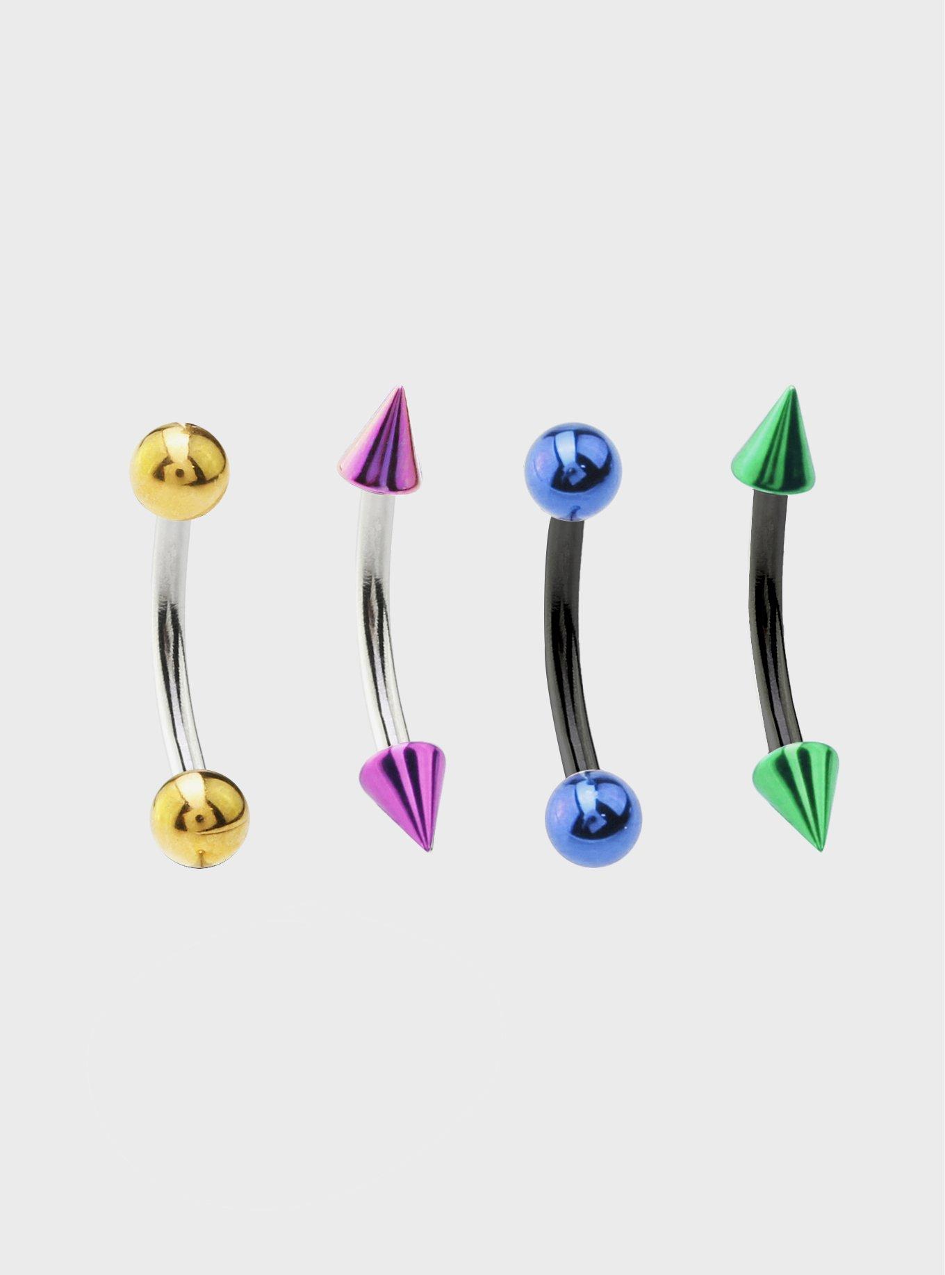 16G Steel Silver & Black Colorful Spike & Ball Eyebrow Barbell 4 Pack