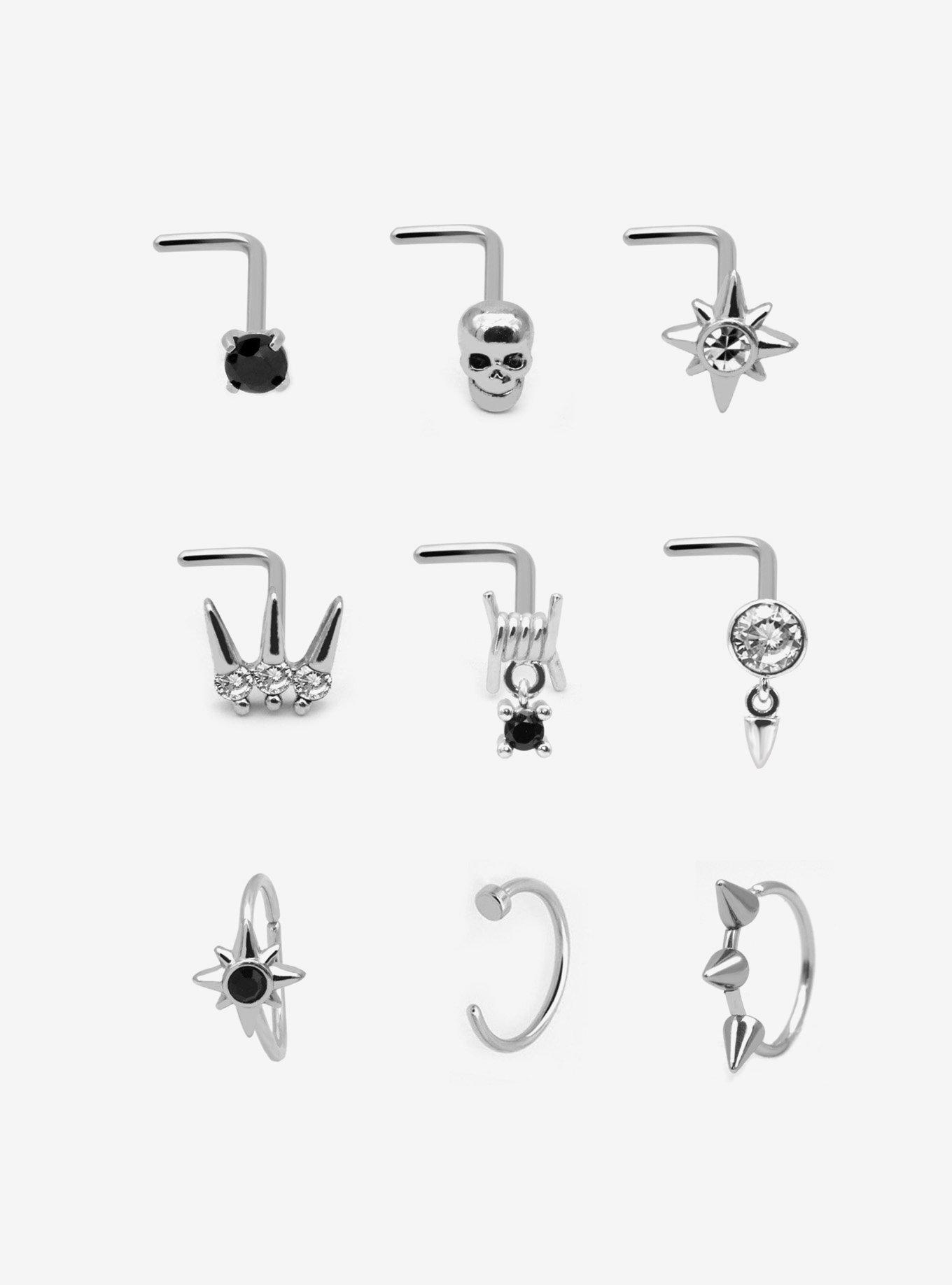 Steel Silver Skull & Barb Wire Nose Stud Hoop 9 Pack