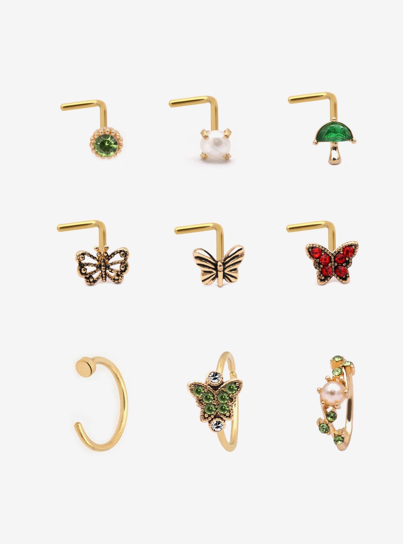 Steel Gold Butterfly Gems Nose Stud & Hoop 9 Pack, , hi-res