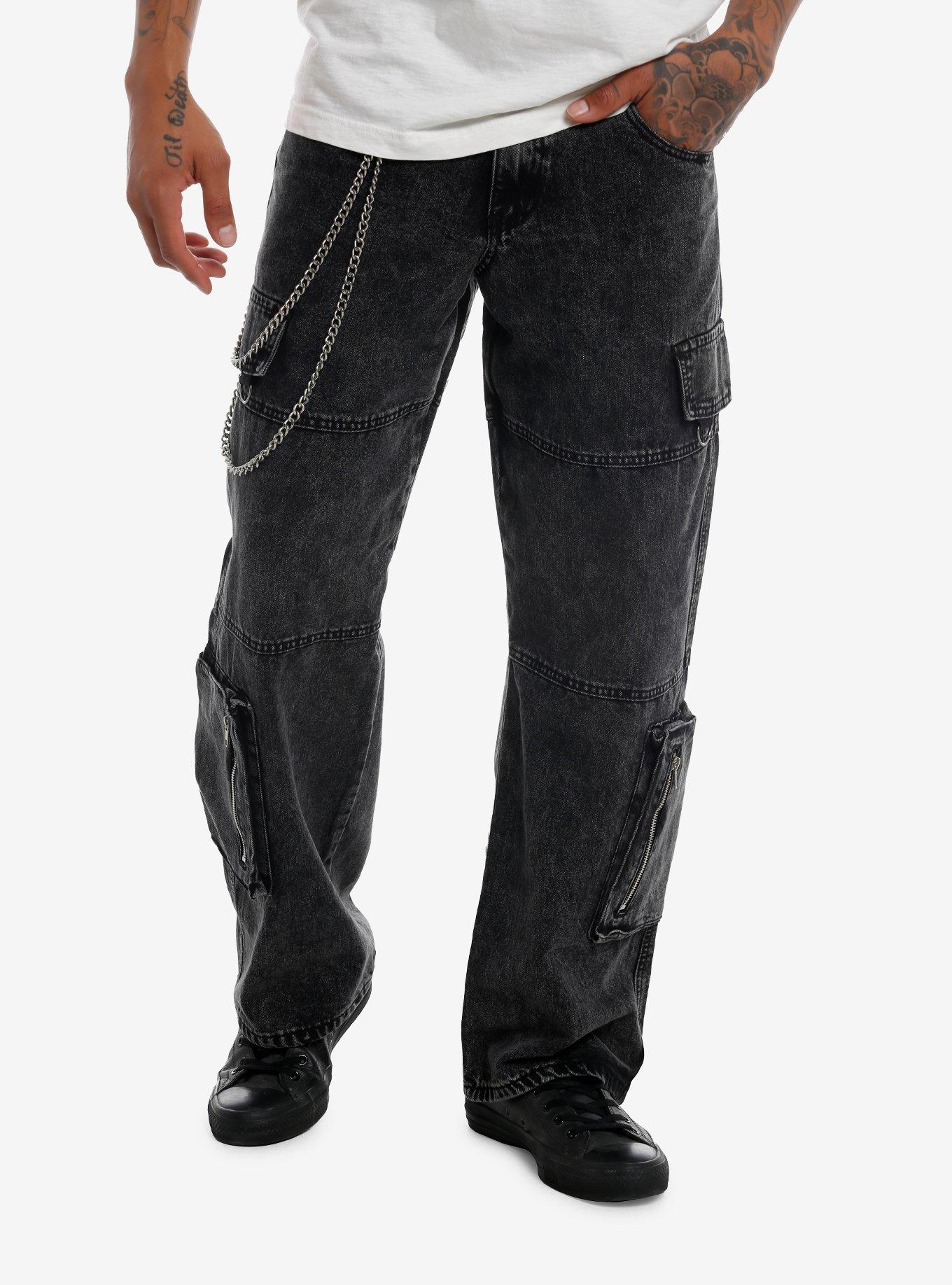 Social Collision Black Acid Wash Denim Cargo Pants With Chain