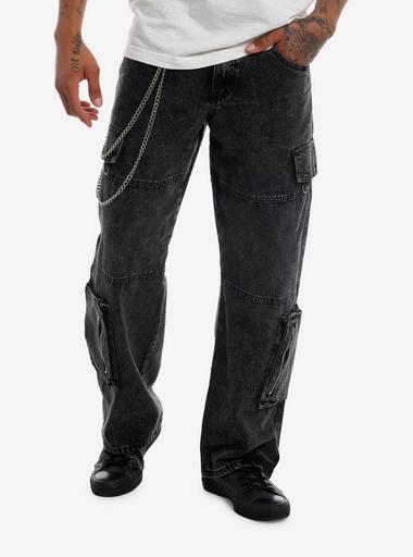 「DOBON」CARGO PANTS ACID BLACK Social Collision Black Acid Wash Denim Cargo Pants With