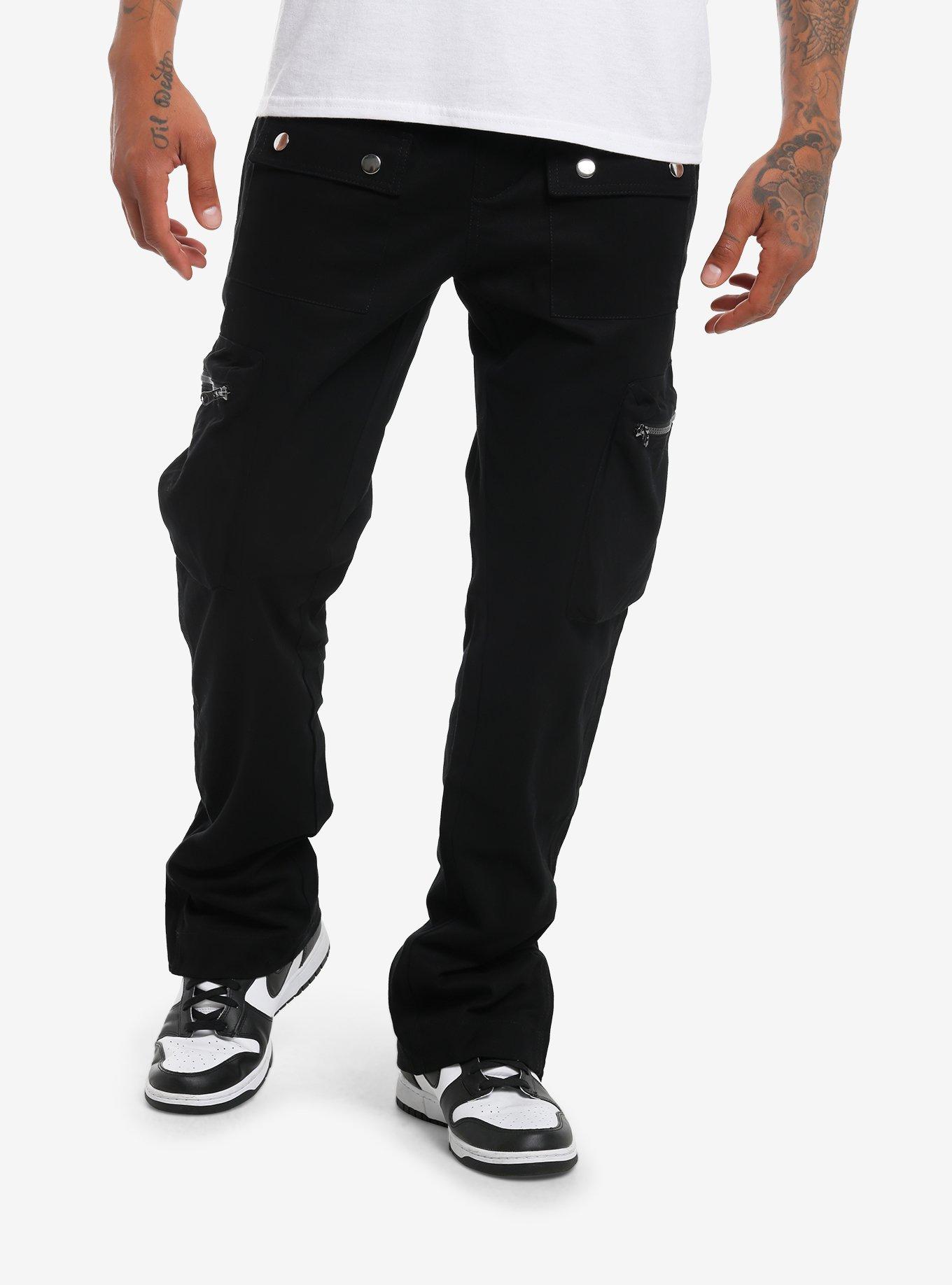 Black Cargo Zipper Pocket Pants, BLACK, hi-res