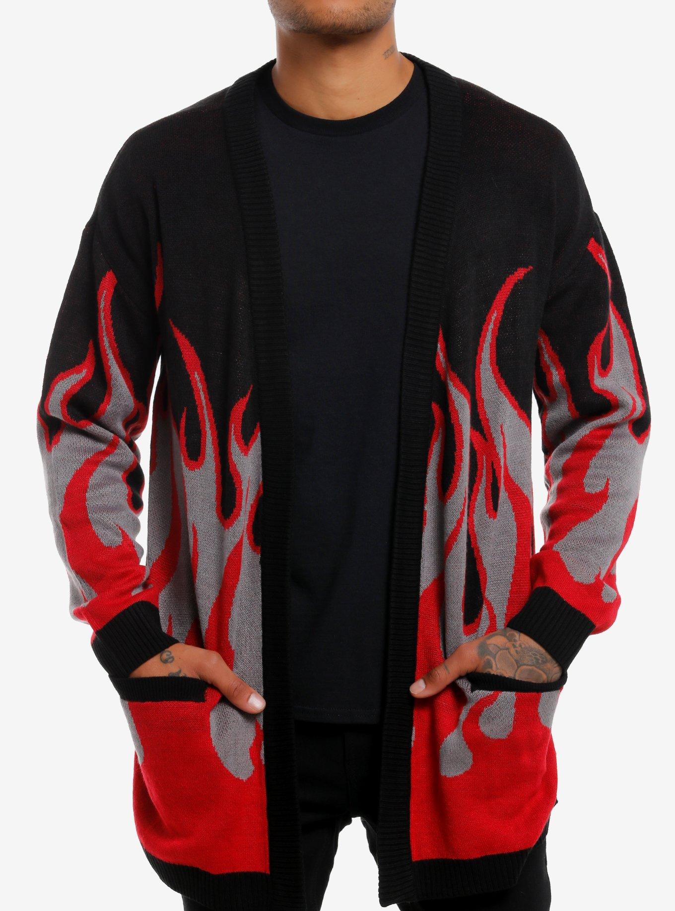 Social Collision Red & Grey Flame Cardigan, , hi-res