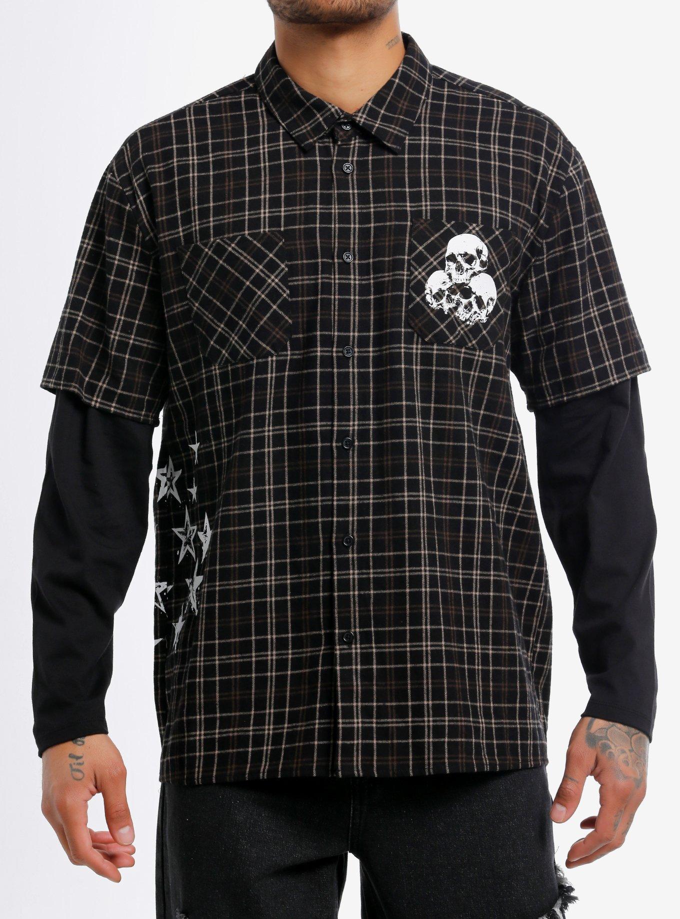 Thorn & Fable Stars & SKulls Plaid Twofer Woven Button-Up, , hi-res