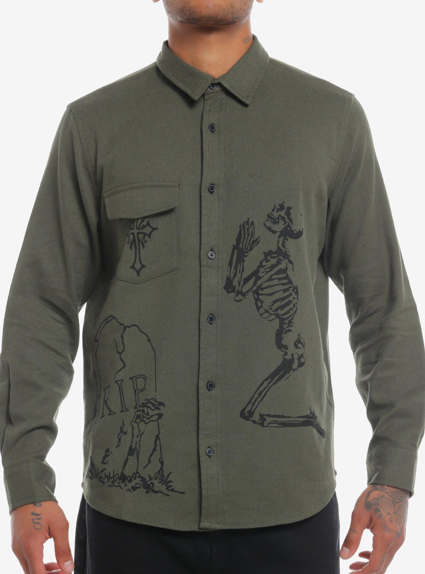 Olive Skeleton Grave Twill Long-Sleeve Woven Button-Up, OLIVE, hi-res