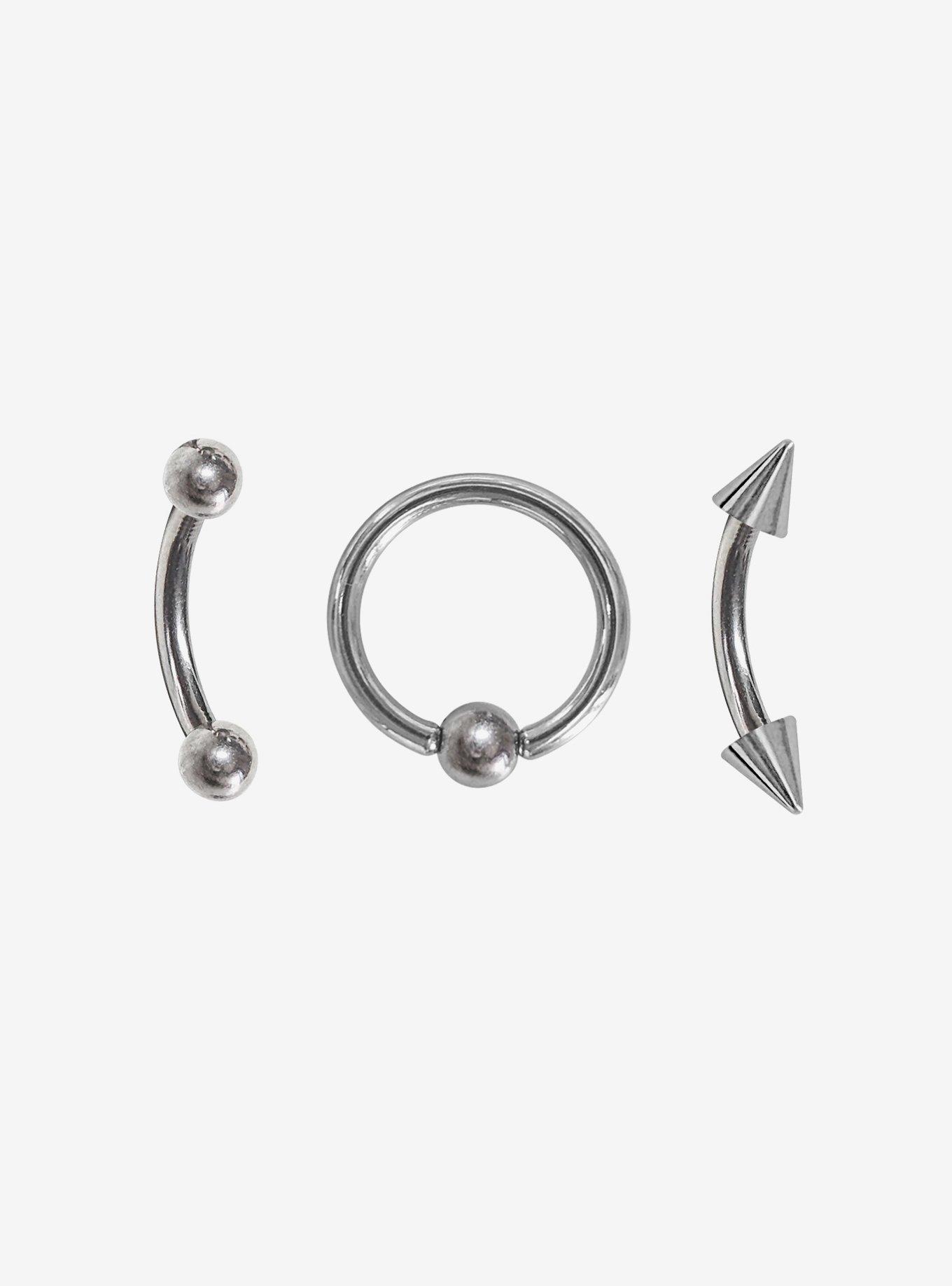 Steel Silver Hoop Barbell & Spike Eyebrow Barbell 3 Pack, , hi-res