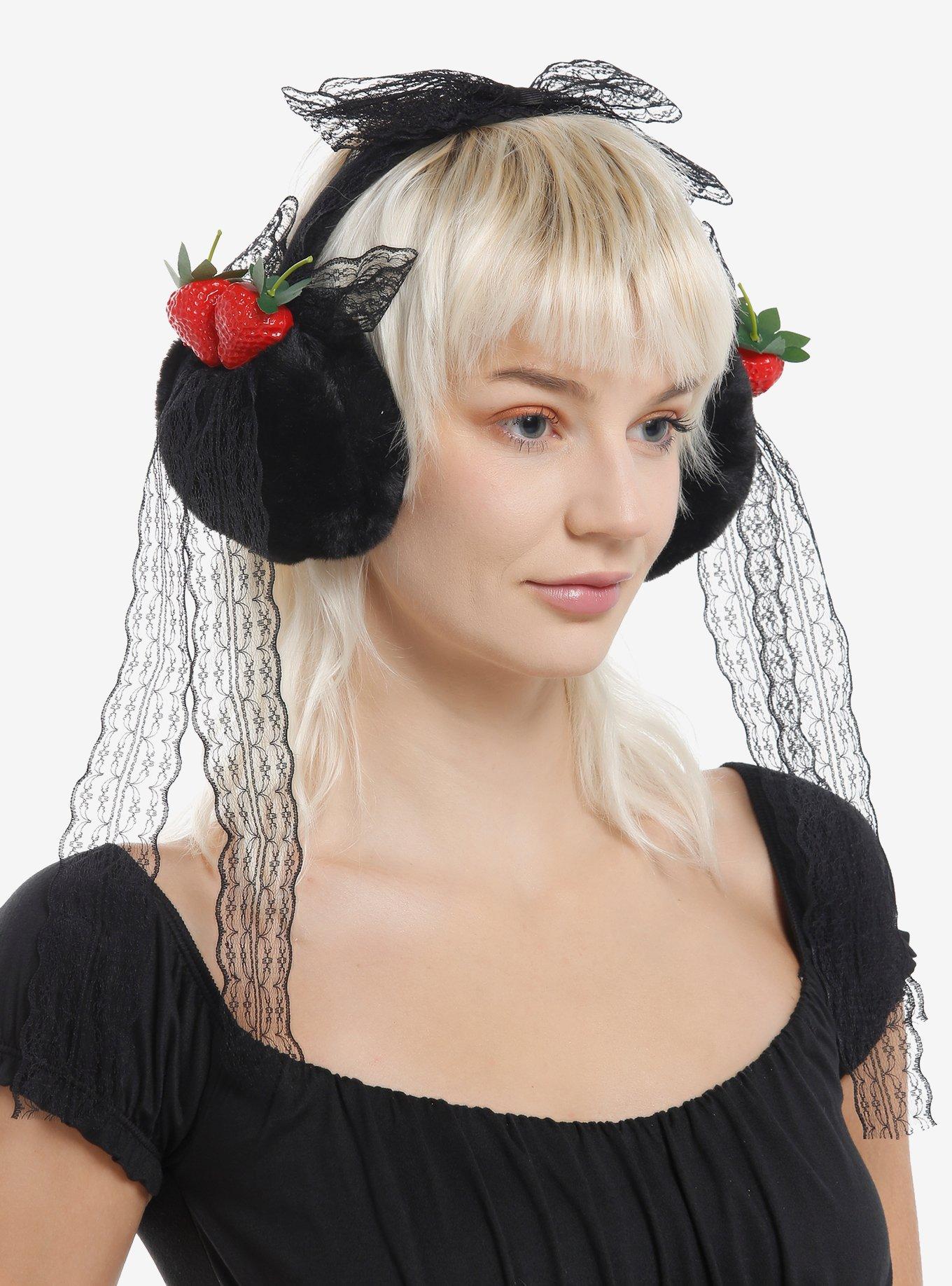 Strawberries & Black Lace Bows Earmuffs, , hi-res