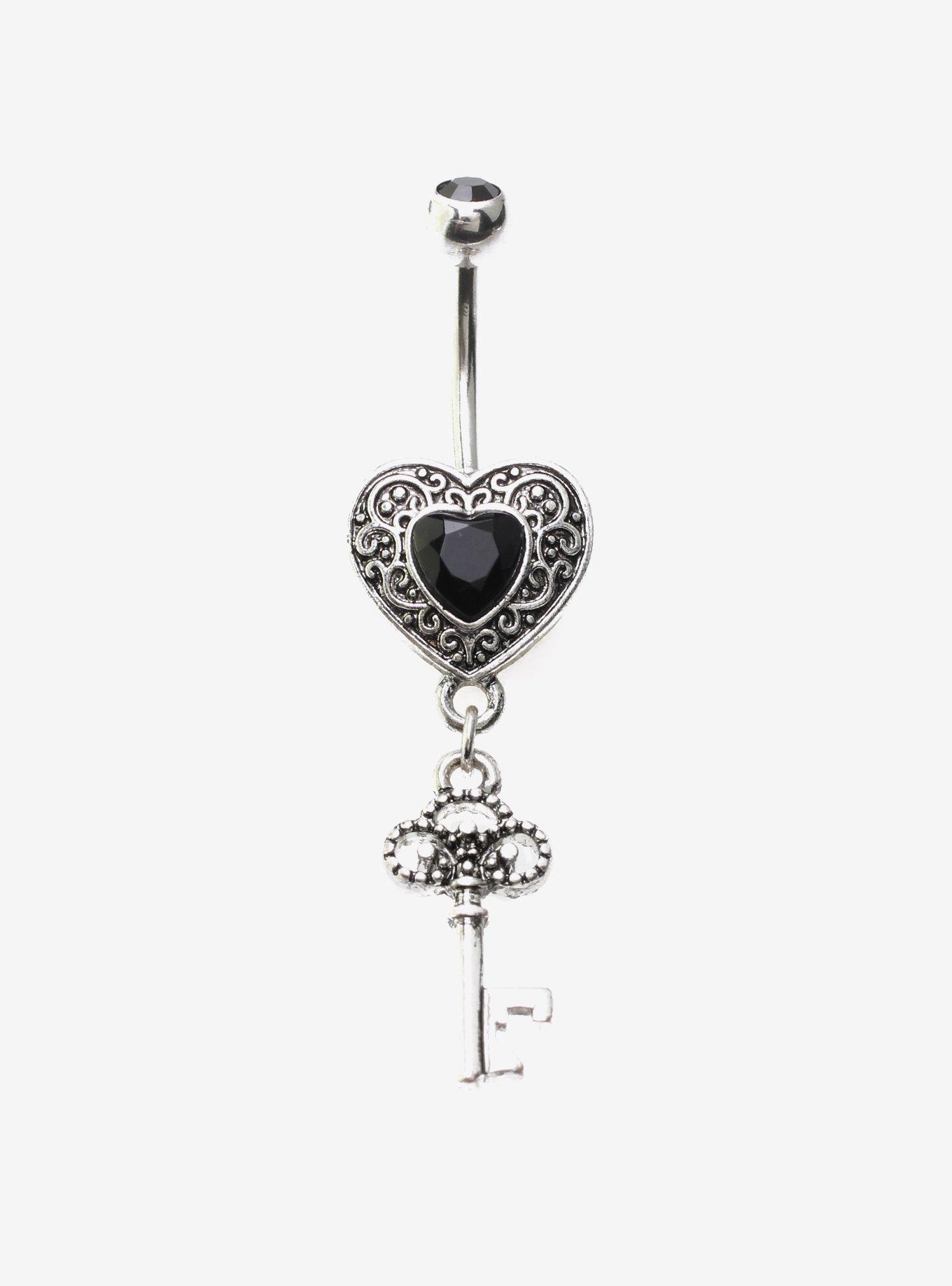 14G Steel Heart Key Gem Navel Barbell, , hi-res
