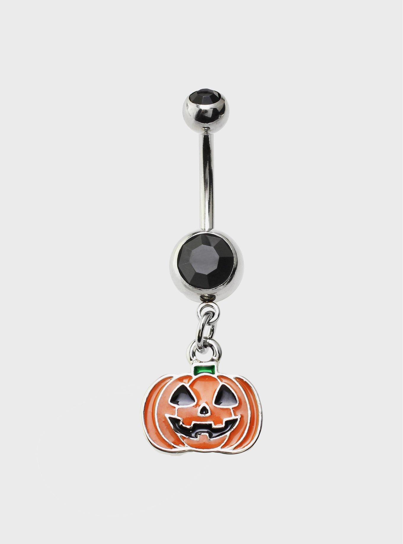 14G Steel Silver Pumpkin & Black Gem Navel Barbell