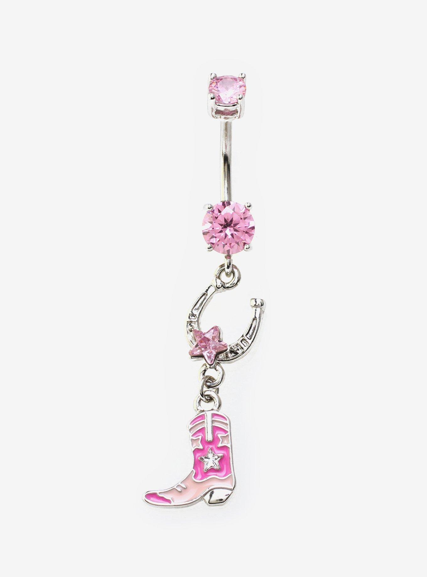 14G Steel Pink Gem Cowgirl Boot Navel Barbell, , hi-res