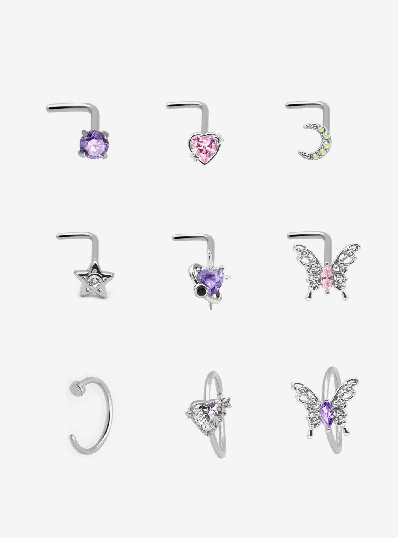 Steel Silver Celestial Butterfly Nose Stud & Hoop 9 Pack