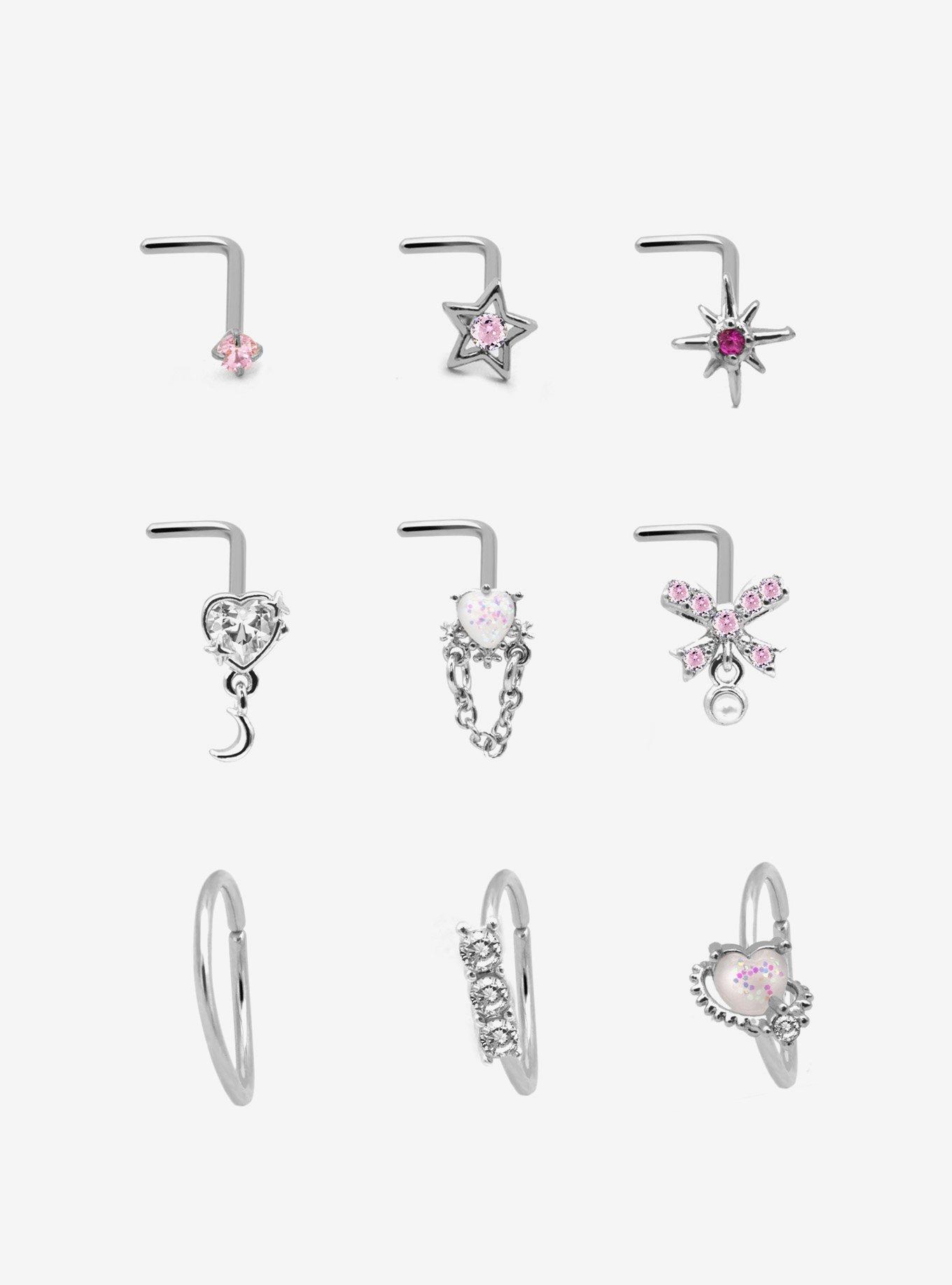 Steel Silver Sparkle Heart Nose Stud & Hoop 9 Pack, MULTI, hi-res