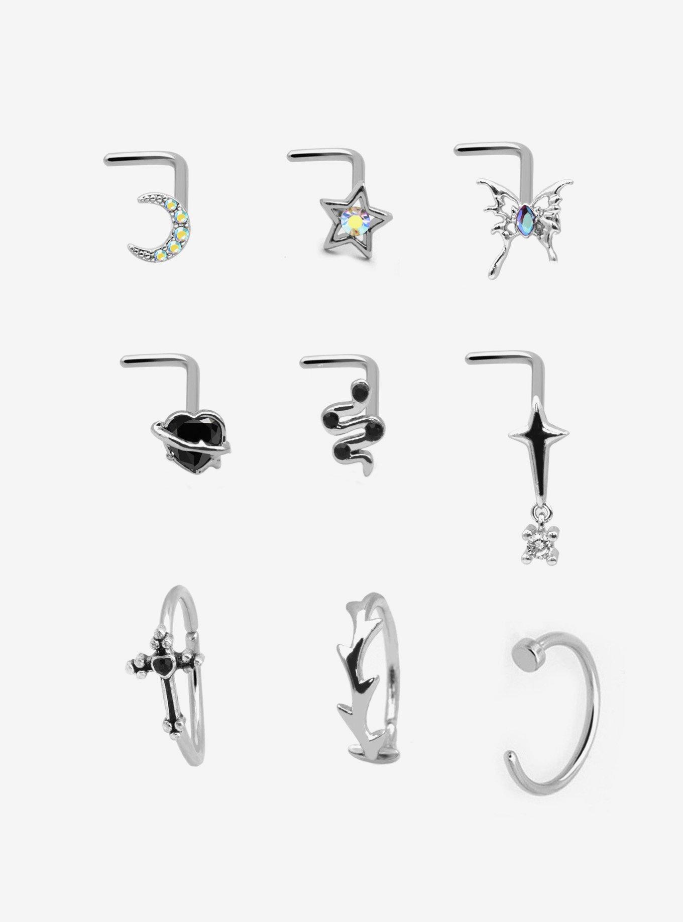 Steel Silver Snake & Cross Nose Stud Hoop 9 Pack