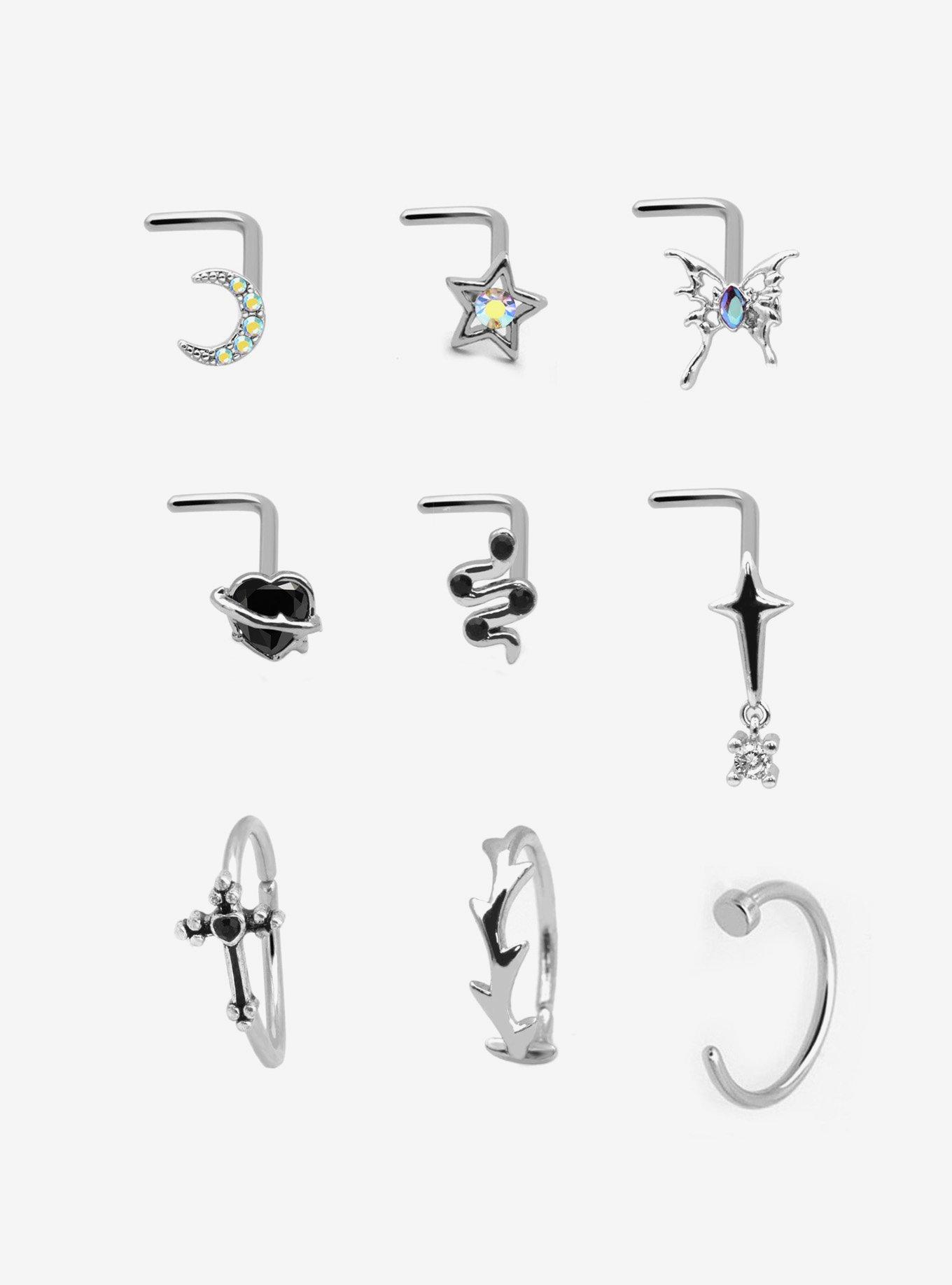 Steel Silver Snake & Cross Nose Stud & Hoop 9 Pack, MULTI, hi-res