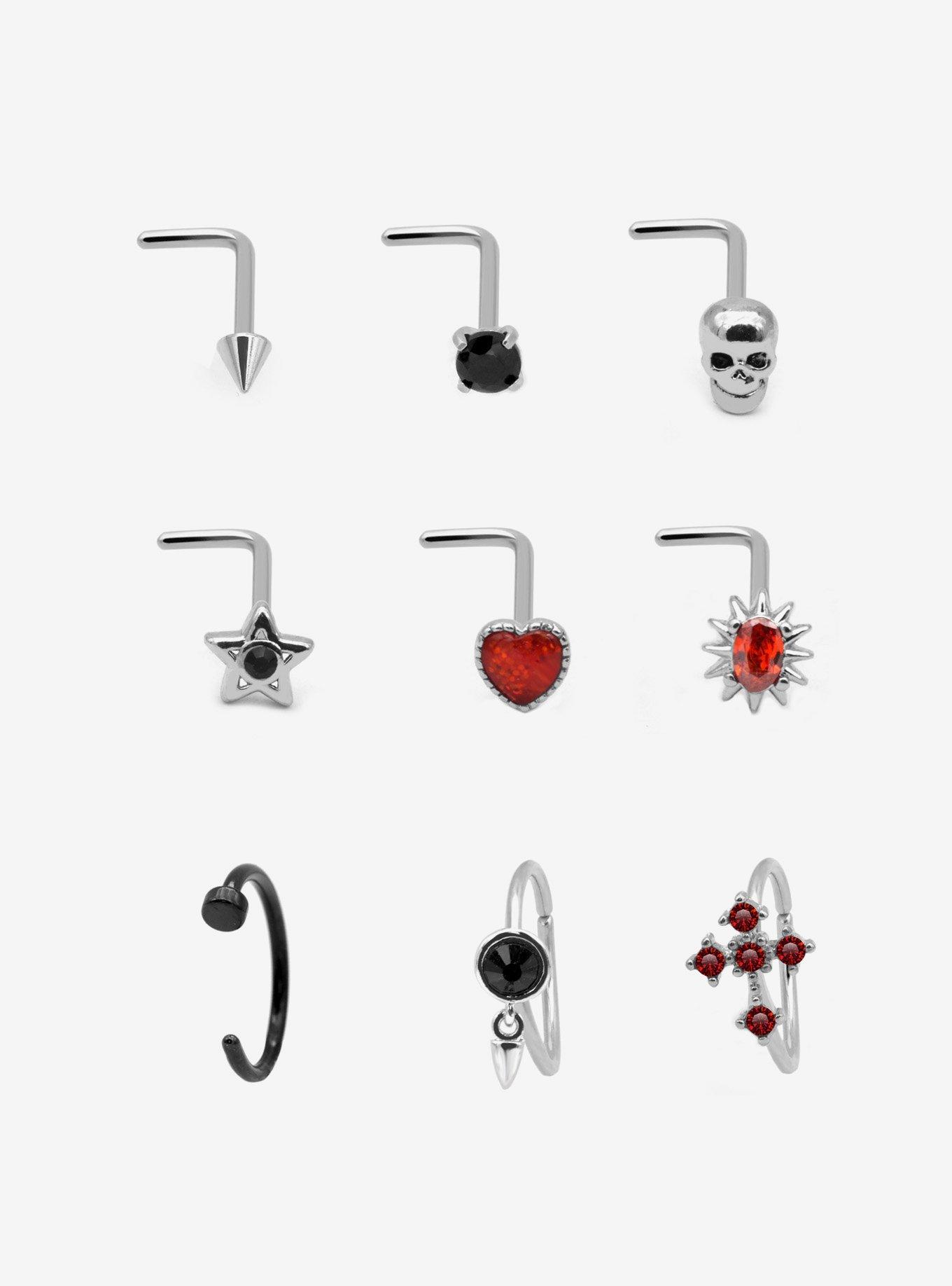Steel Goth Skull Cross Nose Stud & Hoop 9 Pack, MULTI, hi-res
