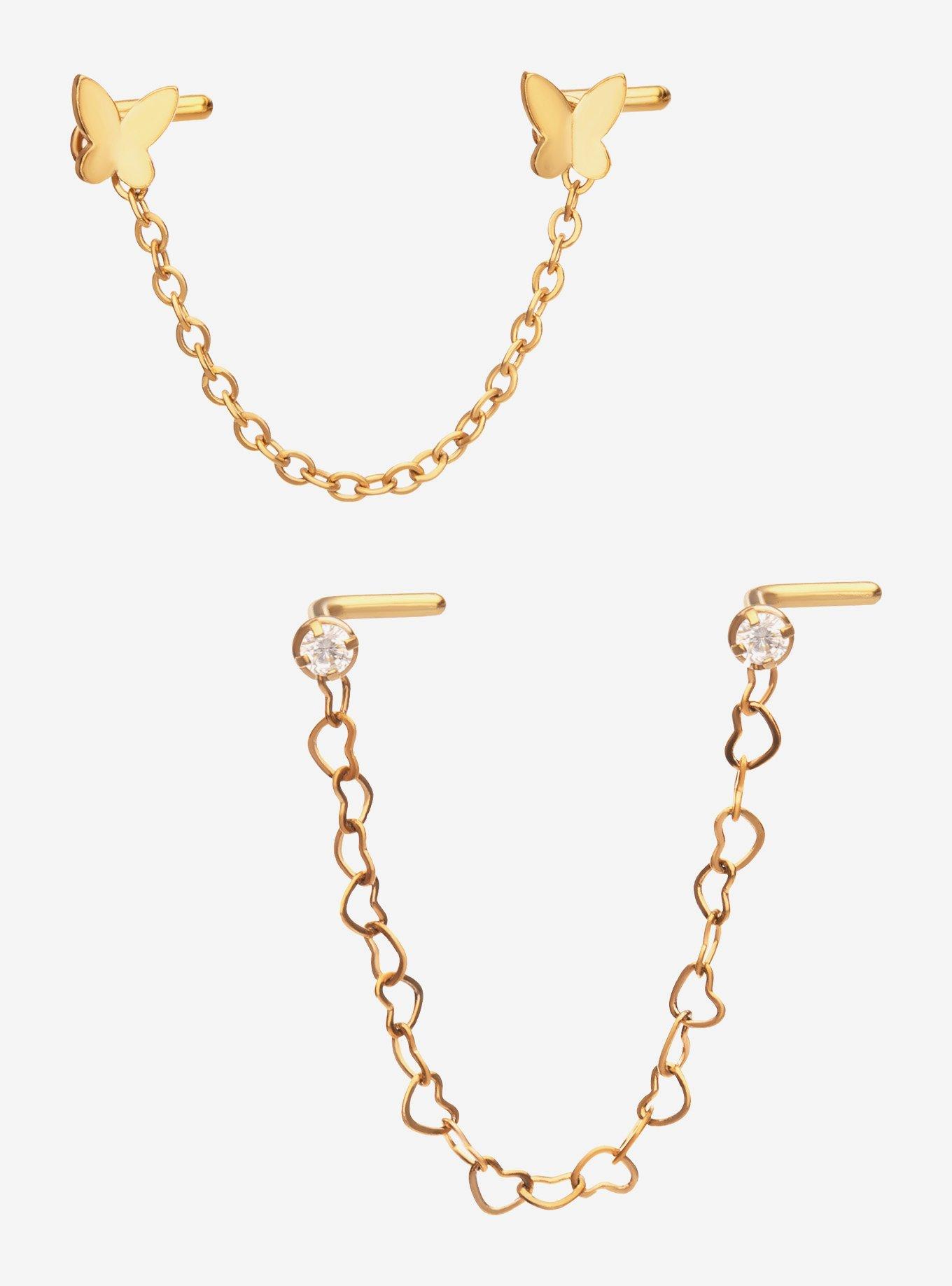 Steel Gold Butterfly Gem Nose Stud & Chain 2 Pack, , hi-res