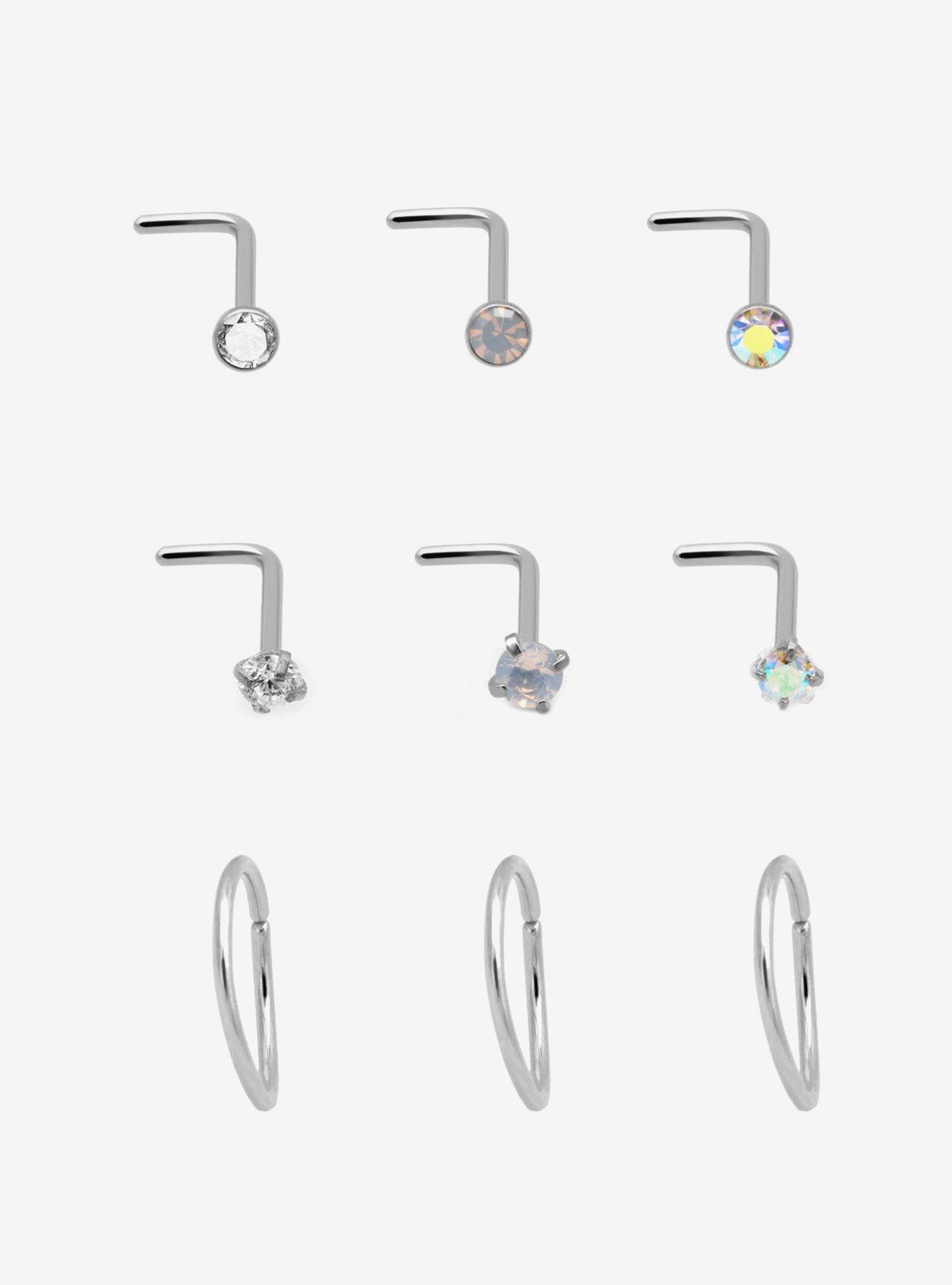 Steel Silver Multi Gem Nose Stud & Hoop 9 Pack