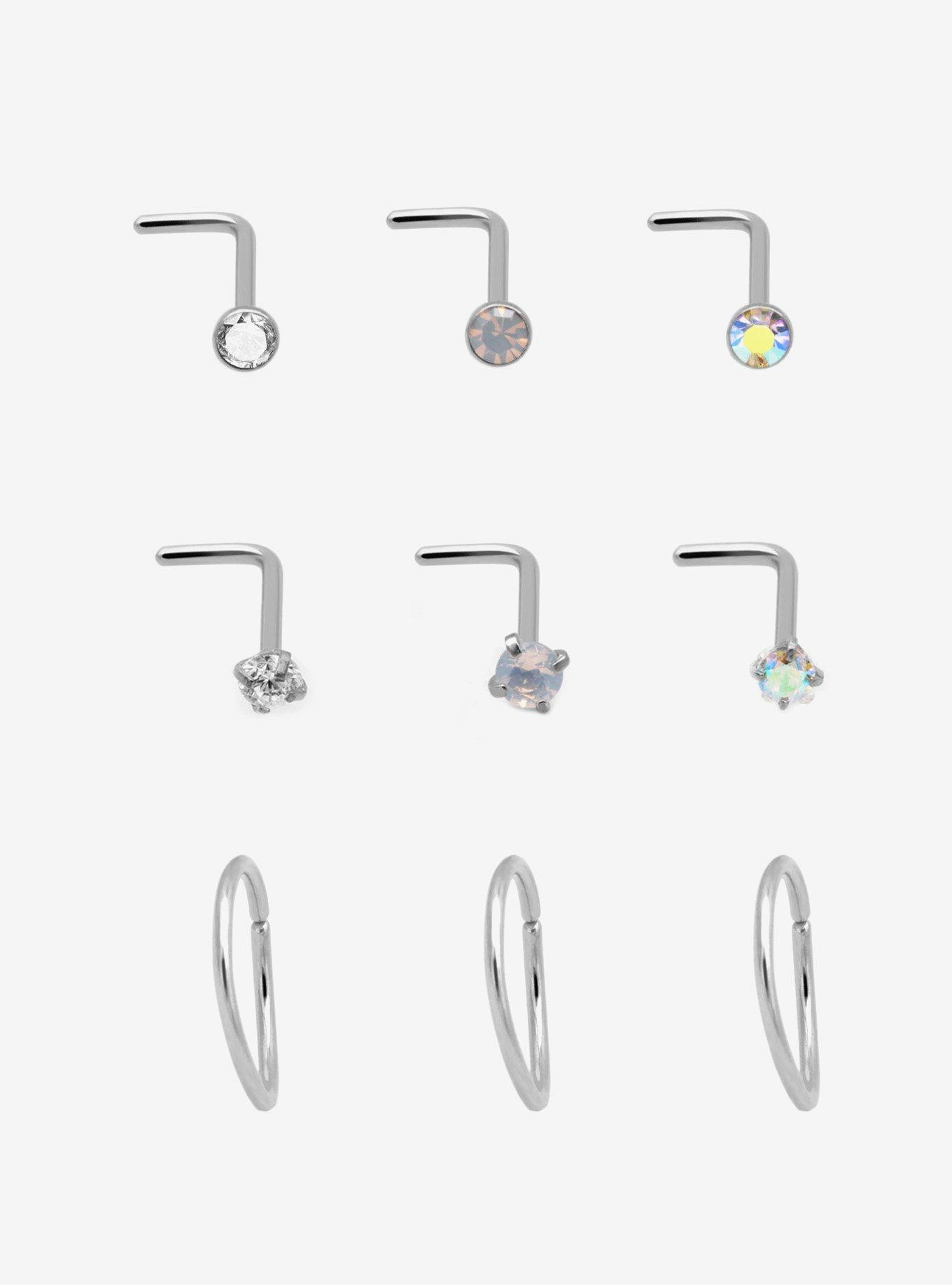 Steel Silver Multi Gem Nose Stud & Hoop 9 Pack, , hi-res