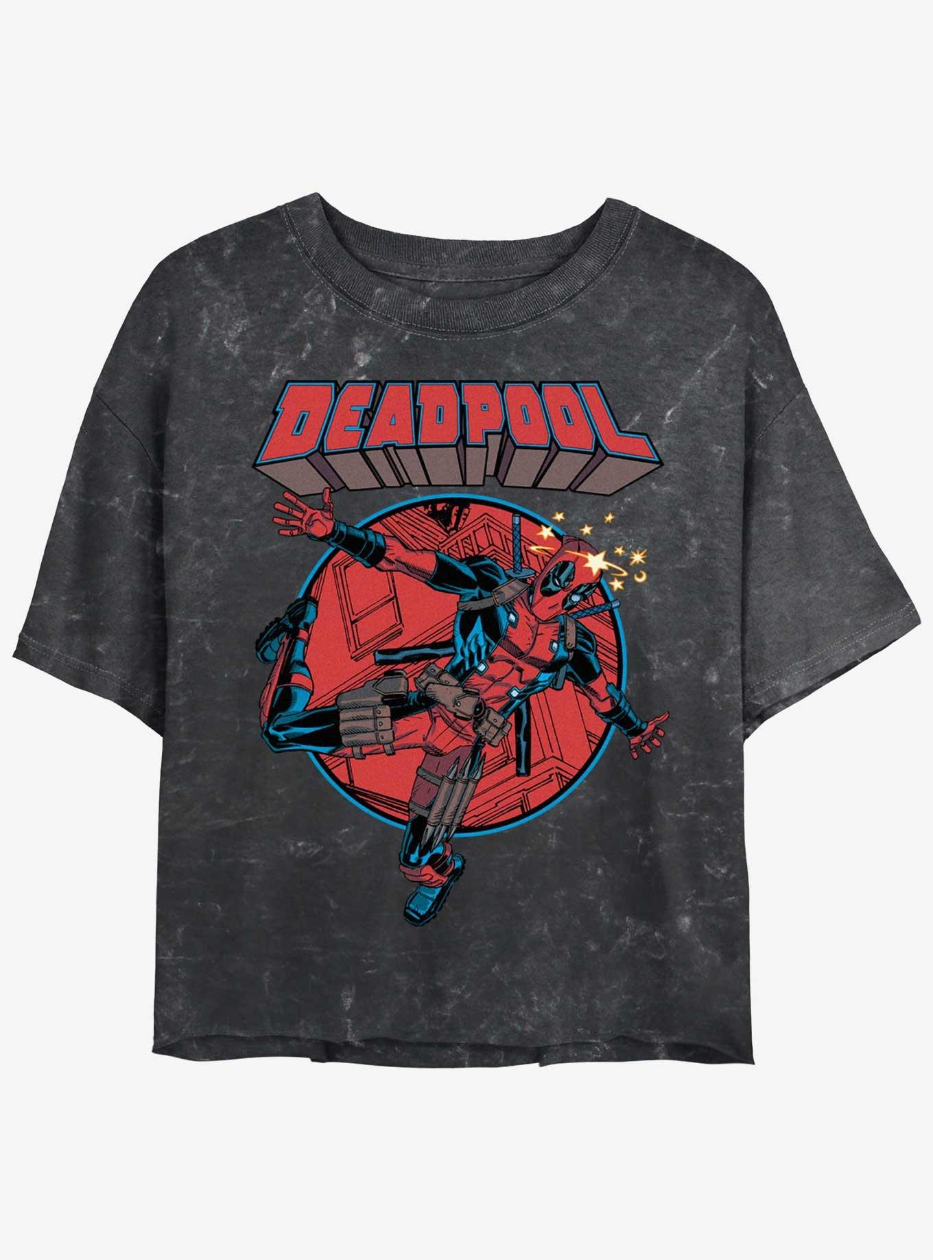 Marvel Deadpool Falling Dummy Girls Mineral Wash Crop T-Shirt, BLACK, hi-res