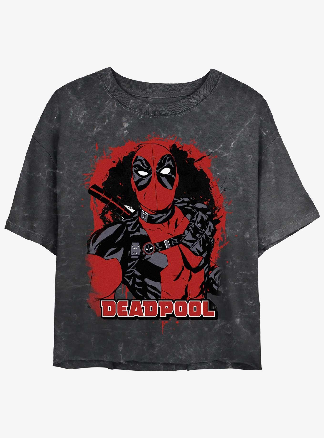 Marvel Deadpool Painted Merc Girls Mineral Wash Crop T-Shirt, BLACK, hi-res
