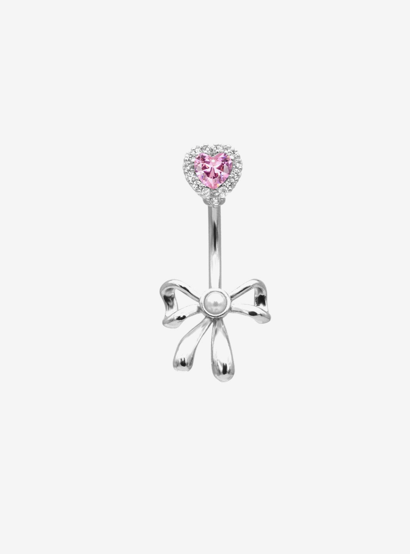 14G Steel Silver Pink Heart & Bow Navel Barbell, , hi-res