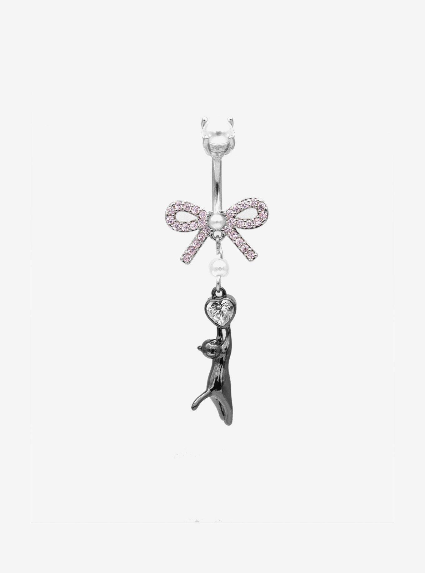 14G Steel Bling Bow Cat Navel Barbell, , hi-res