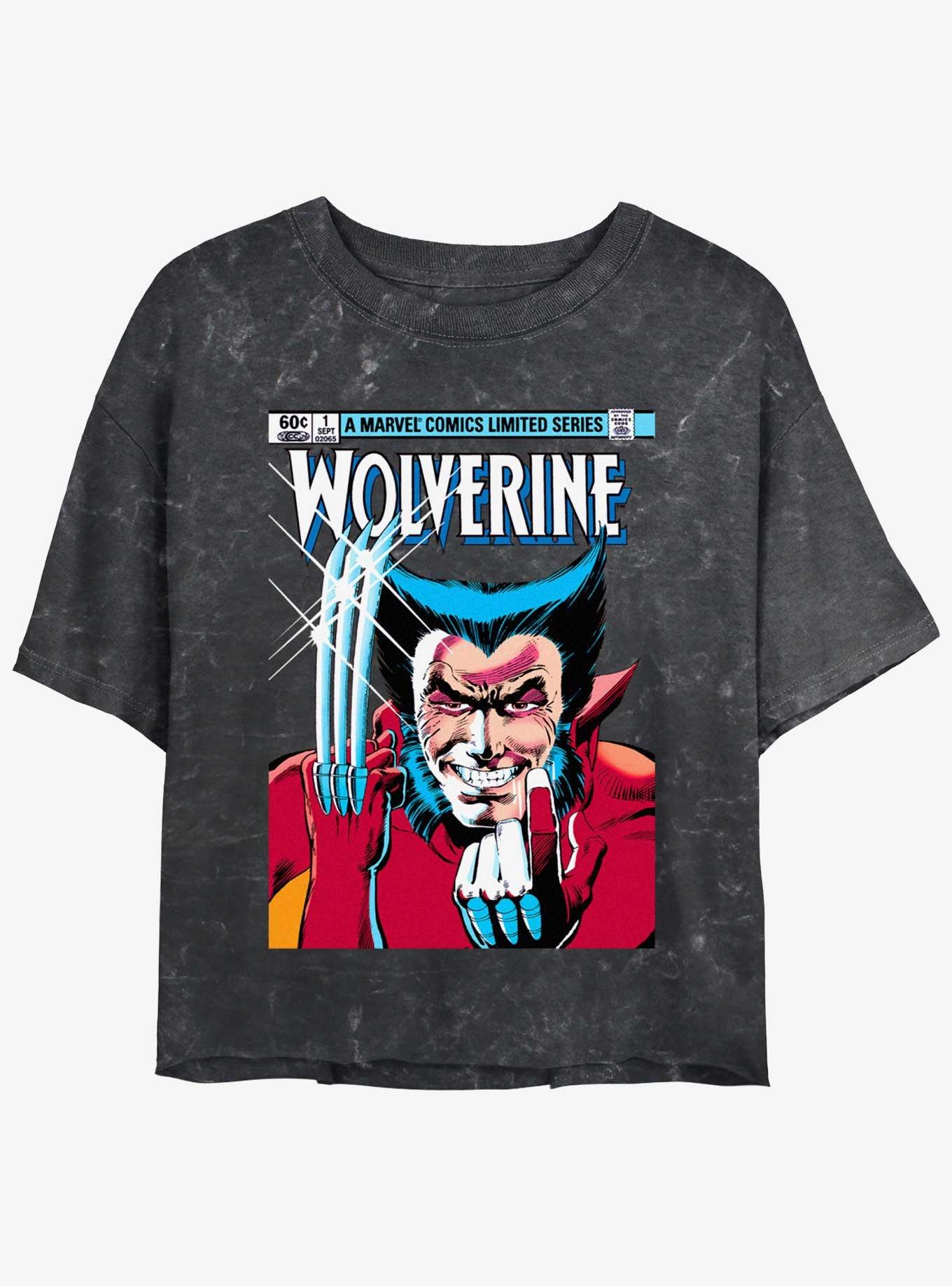 Wolverine 1st Issue Comic Cover Girls Mineral Wash Crop T-Shirt, BLACK, hi-res