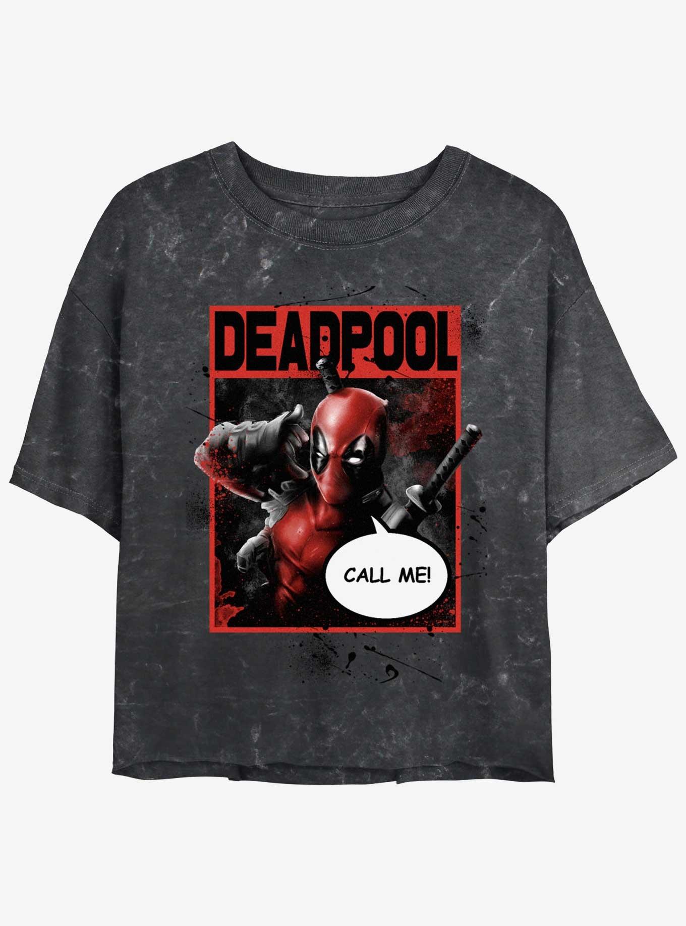 Marvel Deadpool Call Me Poster Womens Mineral Wash Crop T-Shirt, BLACK, hi-res