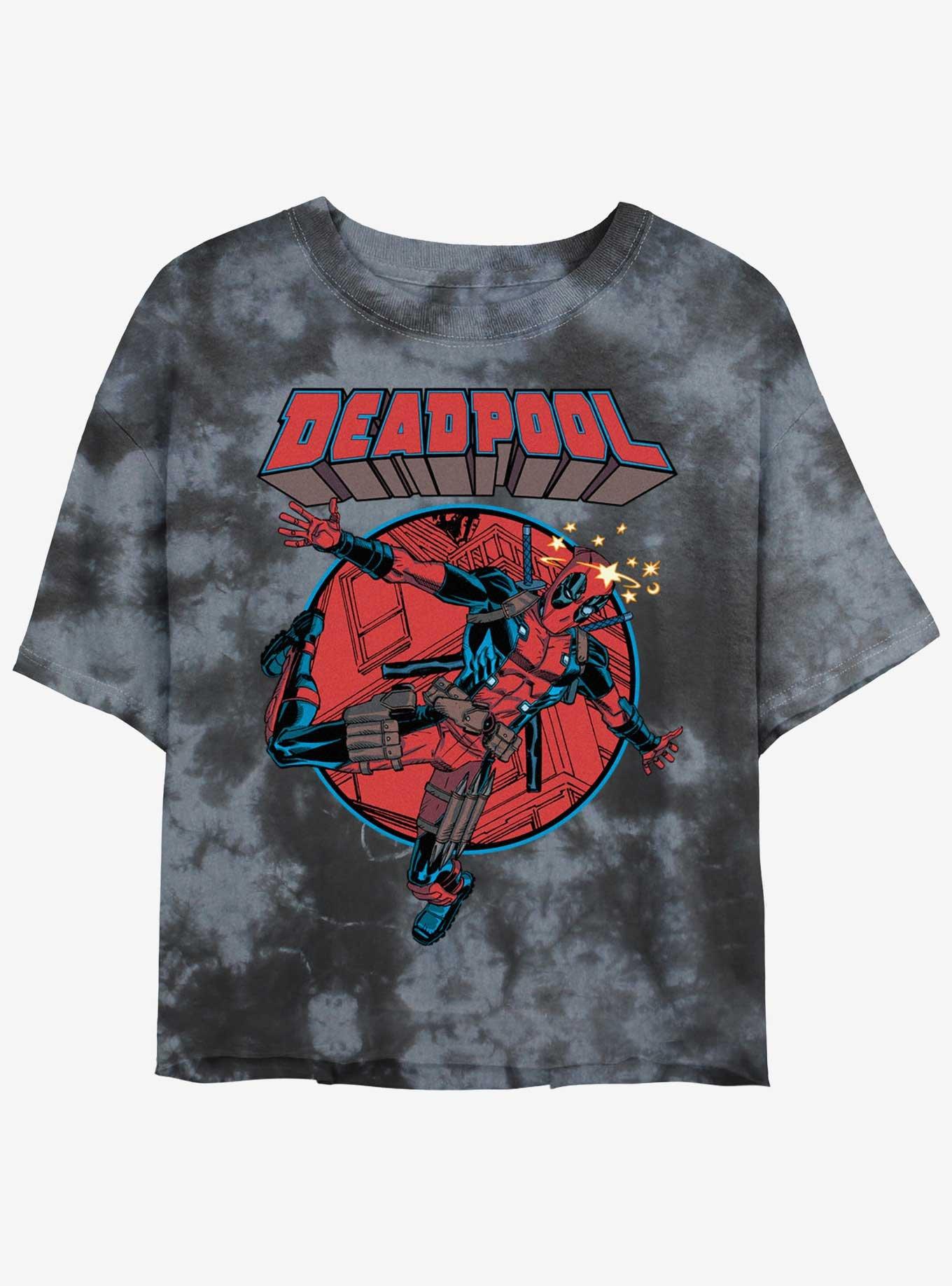 Marvel Deadpool Falling Dummy Womens Tie-Dye Crop T-Shirt, BLKCHAR, hi-res