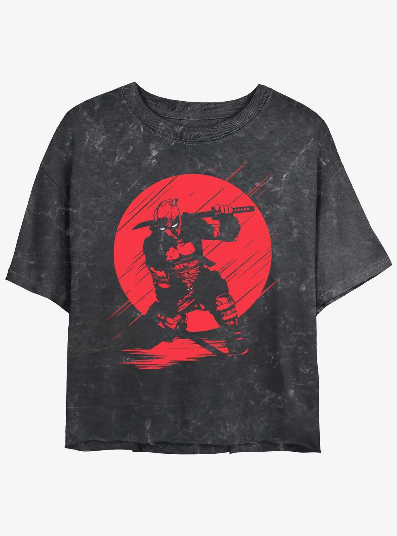 Marvel Deadpool Red Moon Silhouette Womens Mineral Wash Crop T-Shirt, BLACK, hi-res